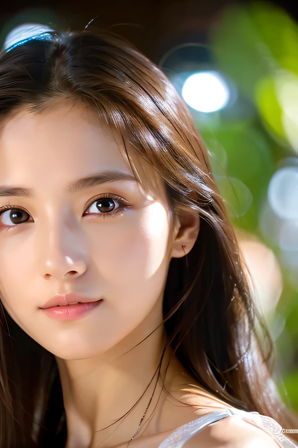 8k、High resolution、Beautiful Girl of the Wizard、young、white skin,、narrow eyes,high nose,lighting that illuminates the face、clear image、intellectual beauty、skinny、no makeup、The expression you show to your lover,shining hair、single eyelid,、vivid pose、looking at camera、relax on vacation