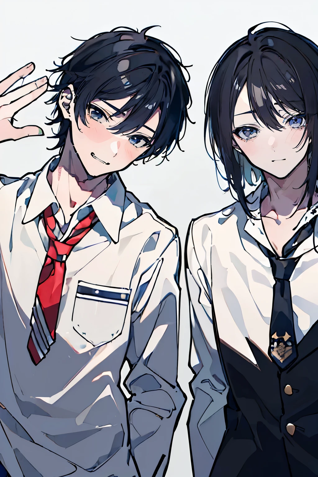 (muste piece), (best quality), very detailed, (((Two friendly high school boys:1.5))), perfect face, beautiful face, very detailed face，(black haired man:1.3)，(white haired man:1.3)，School，classroom，student uniform，tie，shirt