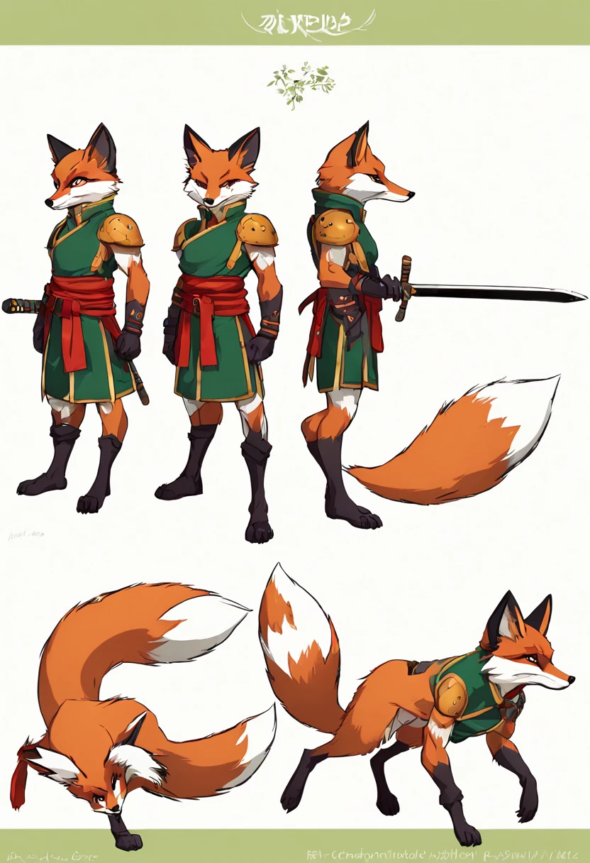 character reference sheet {📷 A full body character design sheet for an anthropomorphic fox warrior, rendered in vibrant anime style. The character is wearing samurai armor and wielding a katana sword, with flowing red fur and piercing green eyes. Medium: digital painting, style: Studio Ghibli meets high fantasy RPG concept art, lighting: bright and evenly lit, colors: rich saturated primaries, composition: full body front and side views, high level of detail.} . turnaround views, detailed anatomy, color palette, multiple poses, highly detailed, multiple views of the same character, model sheet, character sheet