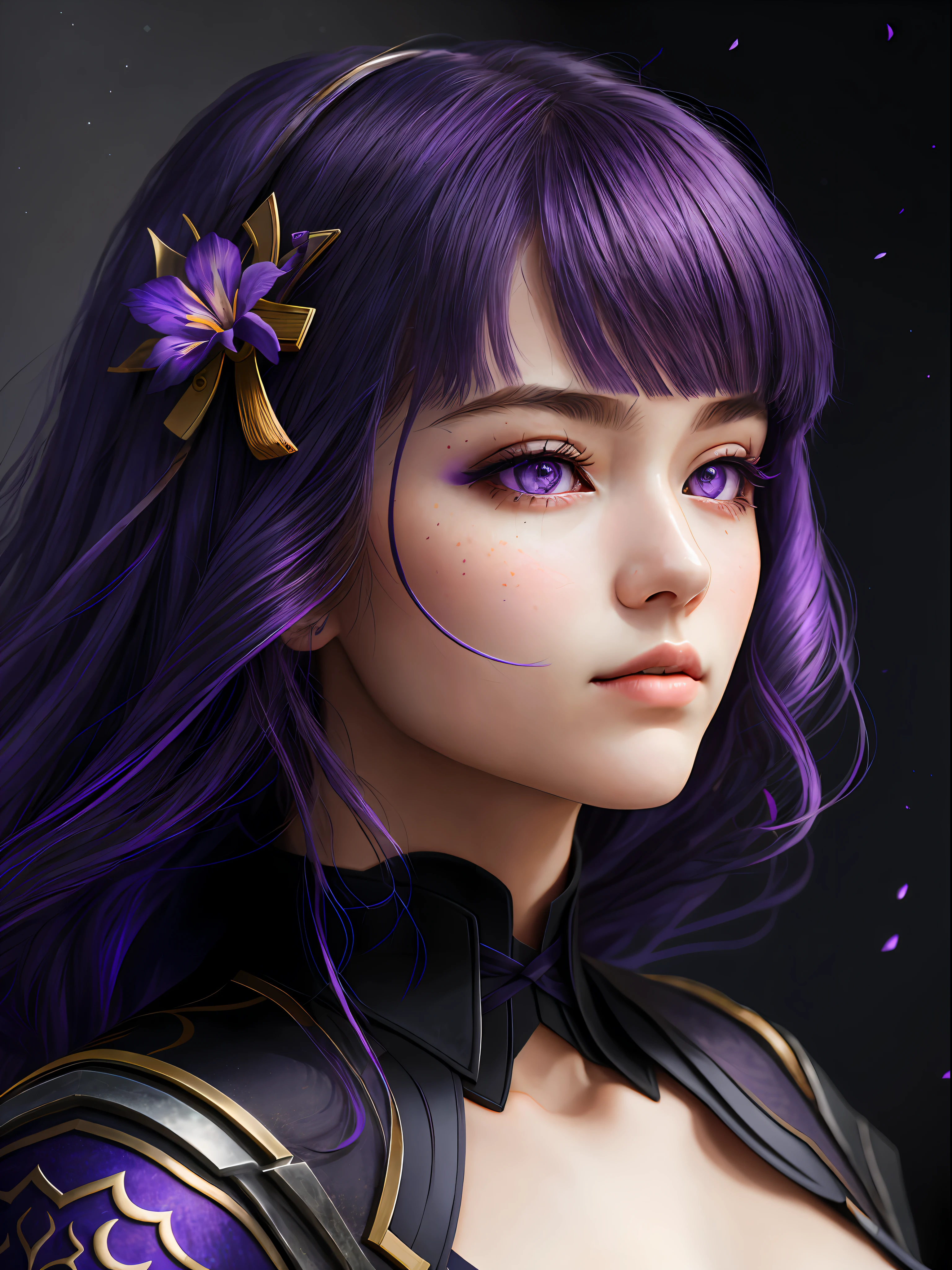 Raiden Shougn, oil painting by Leonardo da Vinci, realistic photography, closeup face with purple hair, her eyes are sweet and vibrant, her face is symmetrical, silky peach skin, soft torch luminosity on the face by REMBRADT, Adobe Illustration, Trending on Artstation, 8K, hd, cinematic, masterpiece, magnificent art, best quality, purple eyes