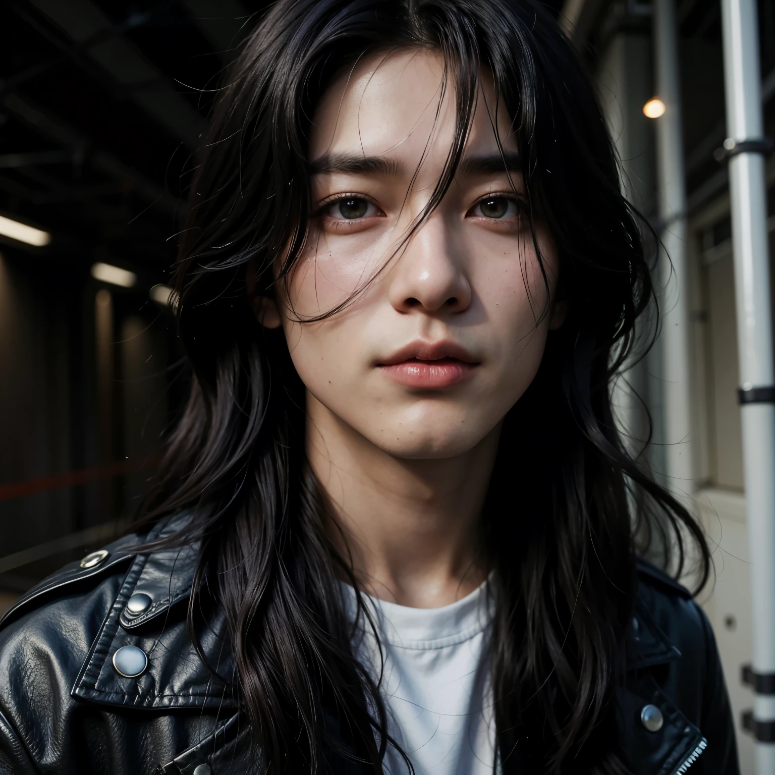 asian man with long black hair wearing a leather jacket, south korean male, Jeon Jungkook, Jungkook from BTS, Jungkook, male ulzzang, with his long black hair, young with long hair, shoulder-length black hair, with long dark hair, with long hair, inspired by Jeon Jungkook, slicked black hair, Jungkook with siren eyes