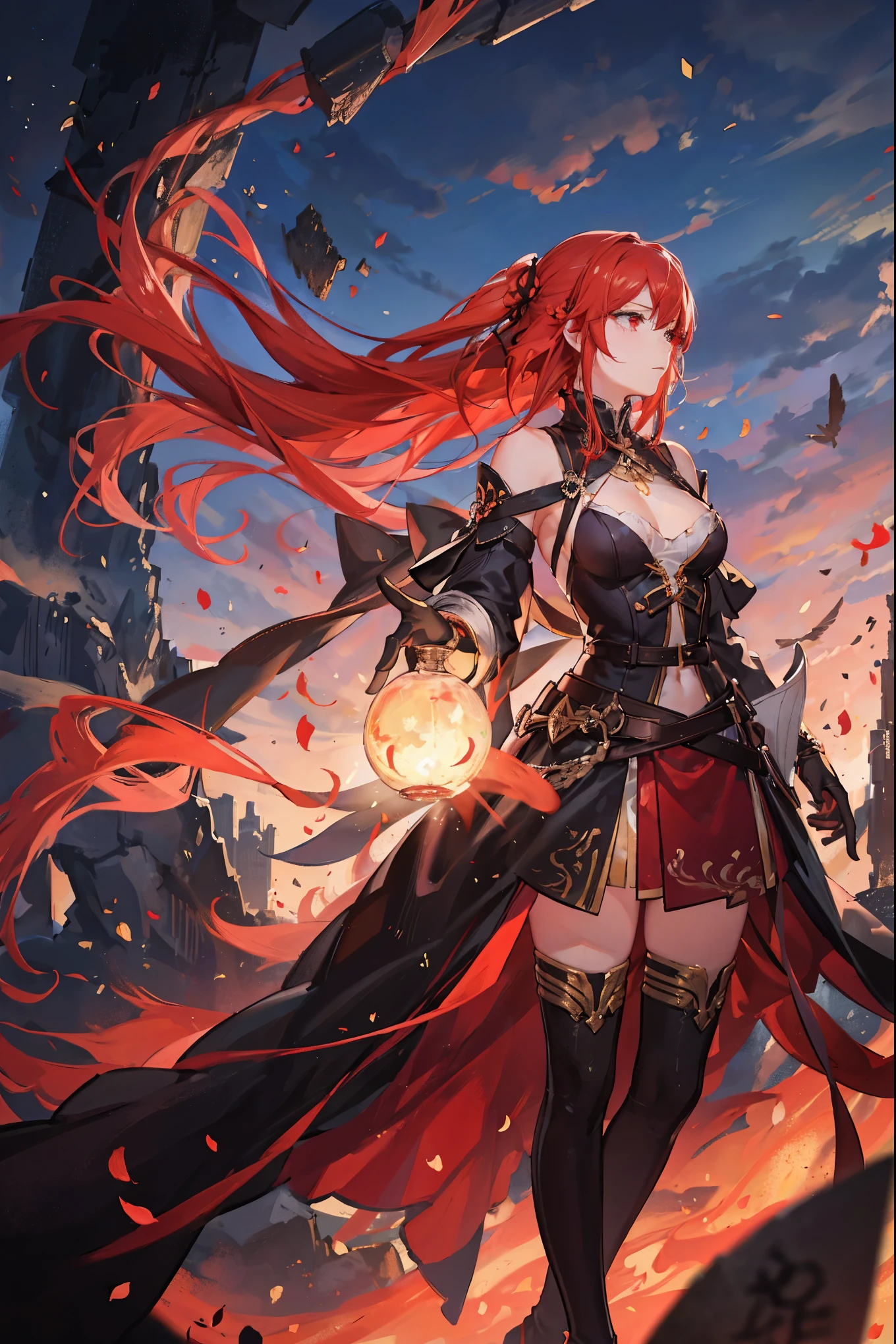 Female profile 30 year old woman,woman,Mature。Red hair,long hair,red hair的woman手上停着一只绯红色的小鸟,flame,dark night,在dark night里,red hair,Red bird,flame
