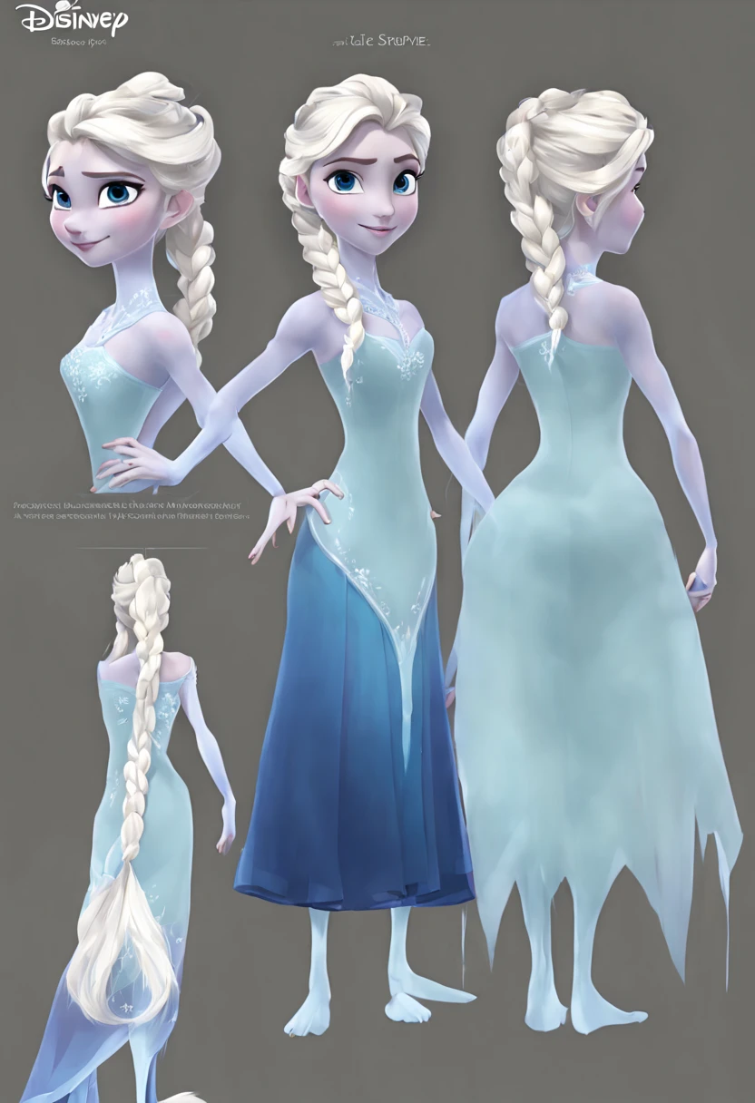 character reference sheet {📷 An character design sheet for a teenage girl with ice powers, rendered in Disney animation style. She has platinum blonde hair in a braid and wears a glittering blue ballgown. Medium: 2D animation cel, style: reminiscent of Frozen and Tangled, lighting: cool blue fill light with bright highlights, colors: icy blues and purples, composition: front, side, and 3/4 views, high resolution.} . turnaround views, detailed anatomy, color palette, multiple poses, highly detailed, multiple views of the same character, model sheet, character sheet