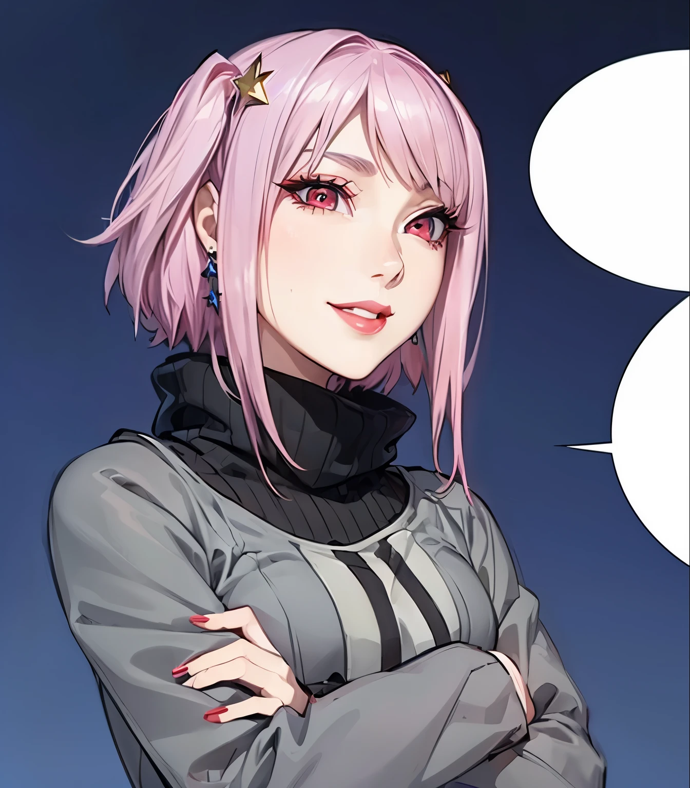 (masterpiece, best quality:1.4), (extremely detailed, 8k, uhd), cinematic shot, natural lighting, ultra highres, vibrant rich colors, (beautiful, aesthetic, perfect, delicate, intricate:1.2), (sharp focus, from front:1.3), eye level shot, 1girl, portrait of a anime girl, young, short pink hair, (extremely hot, attractive, beautiful, sexy, feminine:1.2), calm, expressive red eyes, long eyelashes, relaxed, (smiling:1.2), (beautiful detailed face, highly detailed skin, red eyes), gorgeous, breathtaking beauty, seductive, captivating, pale skin, perfect female figure, (slim:0.5), (highly saturated lipstick, purple pink lips, luscious thick lips, small red star earrings), intricate details, daytime, award winning photography, detailed background, volumetric fx, anime, hyper-detailed