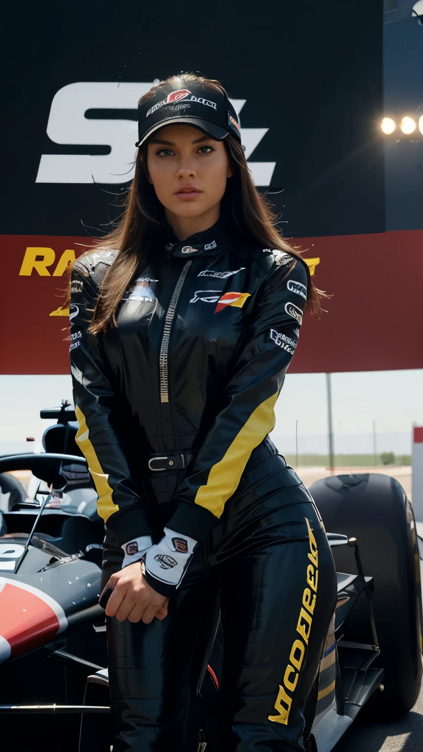 sexually attractive woman, Formula 1 racer, portrait, against the backdrop of a racing car, detailed eyes and lips, the zipper on the jacket is unzipped, sleek race car, high-speed action, intense focus, adrenaline rush, dynamic pose, powerful engine sound, checkered flag, podium celebration, vibrant colors, dramatic lighting, professional photography, stylish racing suit, aerodynamic helmet, confident expression, luxurious sports car, thrilling competition, speed and glamour. (best quality, highres, ultra-detailed), (realistic:1.37), HDR, vivid colors.