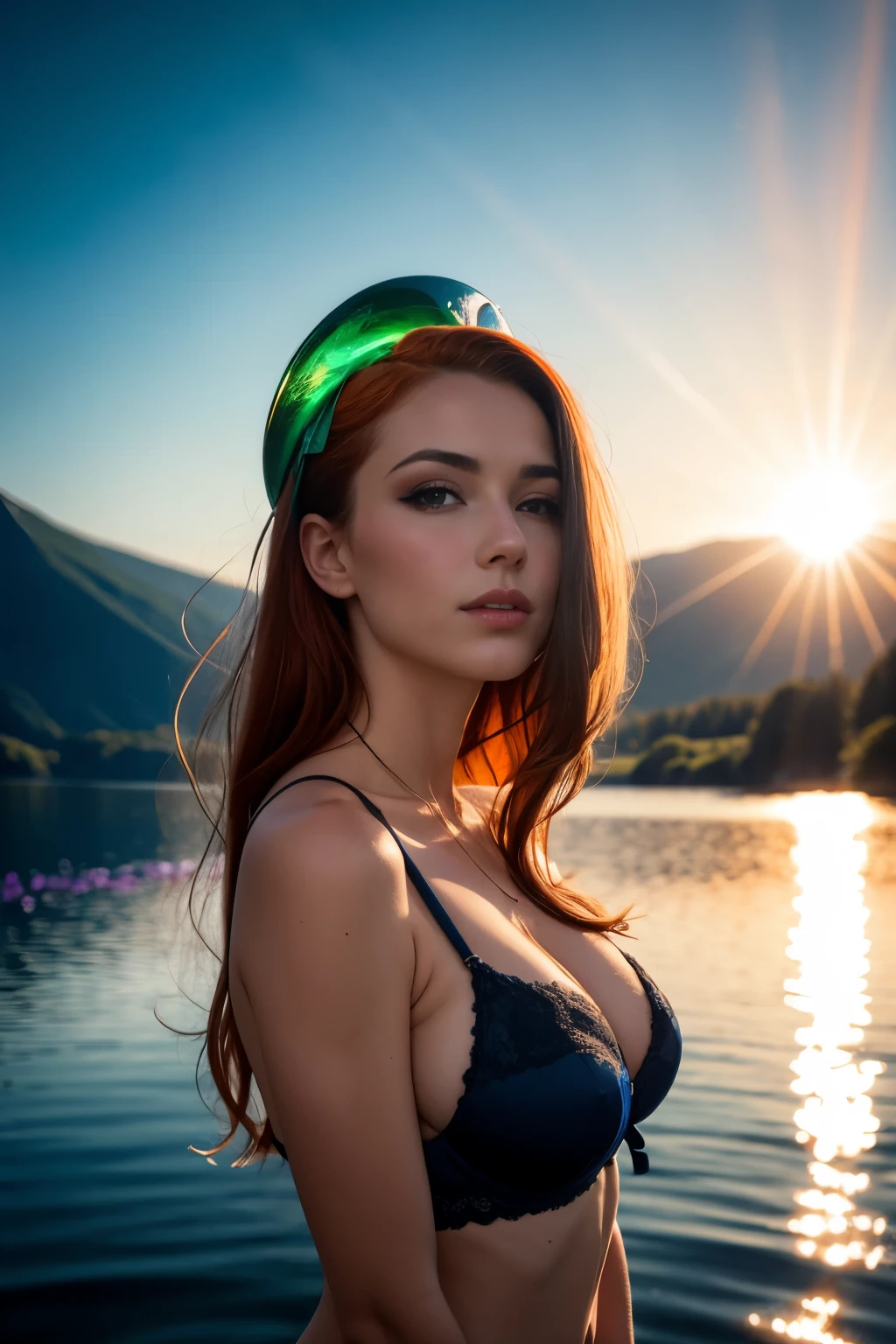 Portrait of breasts on head'une rousse de 29 ans, Dressed in'un soutien-gorge en lin, mains dans les cheveux, seduction, regard affectueux, sur volcan avec de la lave. surplombant un lac, soleil couchant, cinematic rendering, 32k, .BRUT