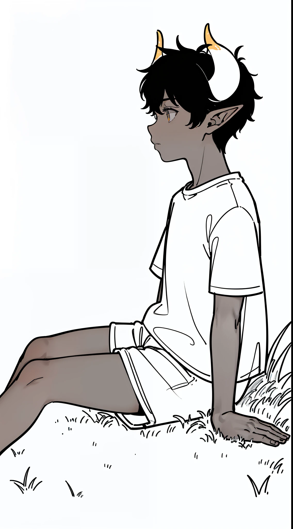 (1boy,8 years old,small),solo,((dark skin)),((white shirt,short sleeves,white shorts,black hair,elf ears,(horns),(white background,line drawing),sitting on grass,(profile),looking to up,separated lips