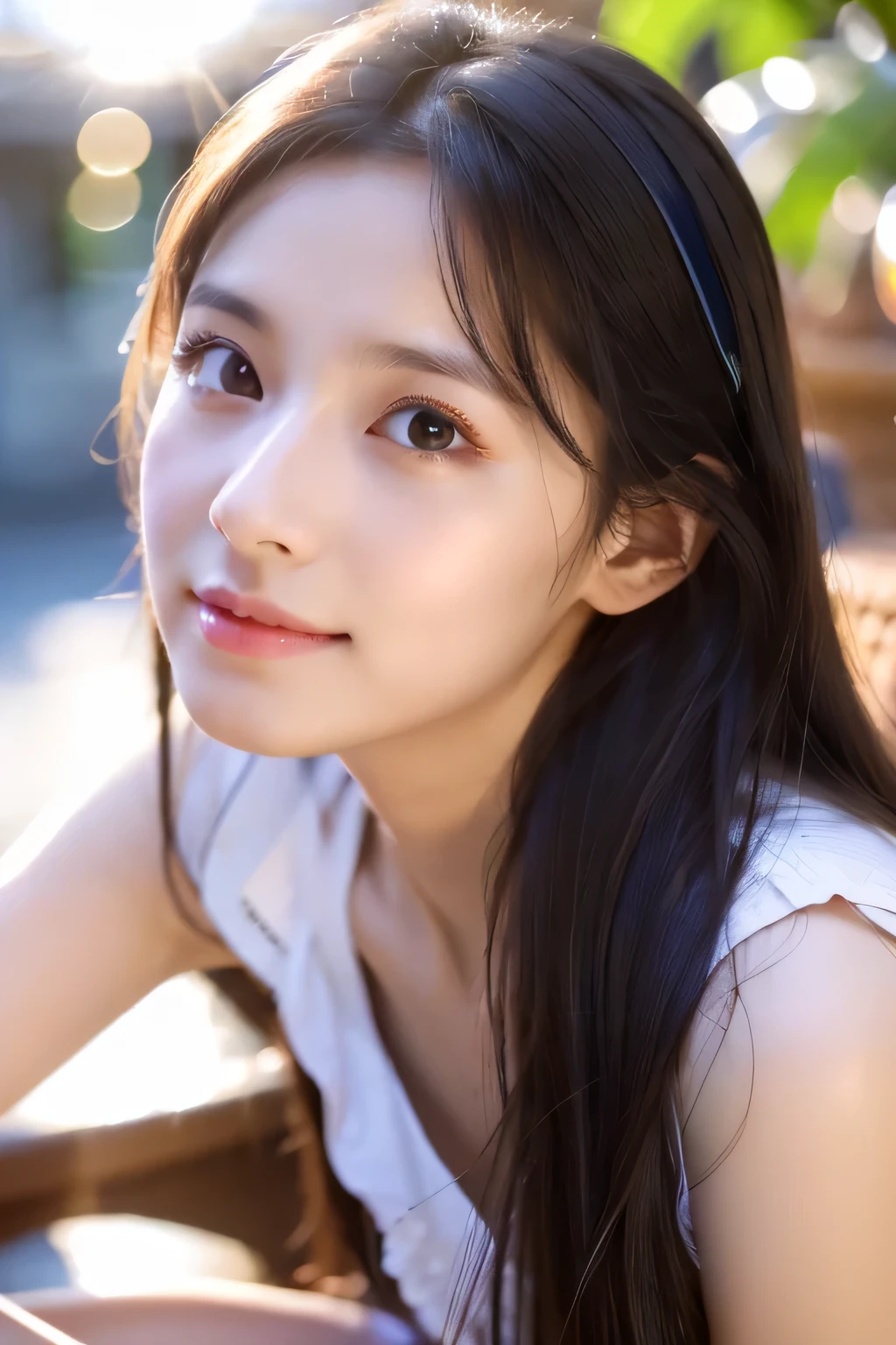 8k、High resolution、Beautiful Girl of the Wizard、young、white skin,、narrow eyes,high nose,lighting that illuminates the face、clear image、intellectual beauty、skinny、no makeup、The expression you show to your lover,shining hair、single eyelid,、vivid pose、looking at camera、relax on vacation