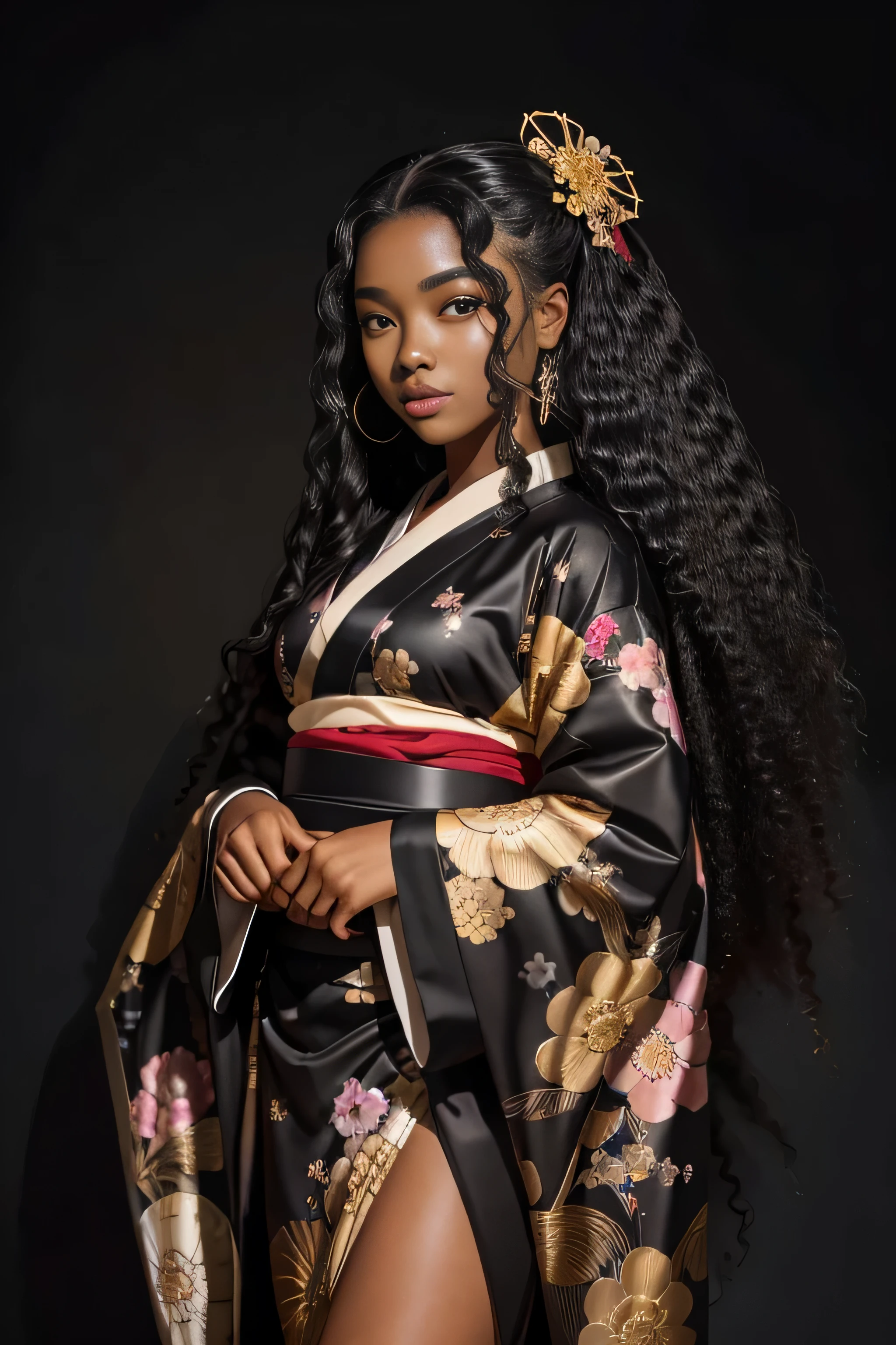 masterpiece, best quality, beautiful black and Asian mixed 19 year old, ebony skin female, long, frizzy, curly dark hair, perfect face, half body, long hair, wearing kimono_clothes, melanin