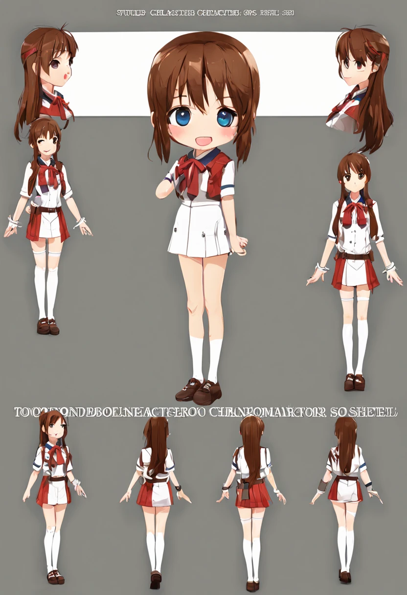 character reference sheet {1girl, character design sheet, detailed full body front and back views, (detailed eyes, detailed lips, extremely detailed eyes and face), long brown hair, wearing anime style school uniform, standing, happy, smiling, blushing, studio lighting, ultra-detailed, photorealistic, digital art, concept art, sharp focus, extremely detailed, (best quality, 4k, 8k, high resolution), masterpiece} . turnaround views, detailed anatomy, color palette, multiple poses, highly detailed, multiple views of the same character, model sheet, character sheet