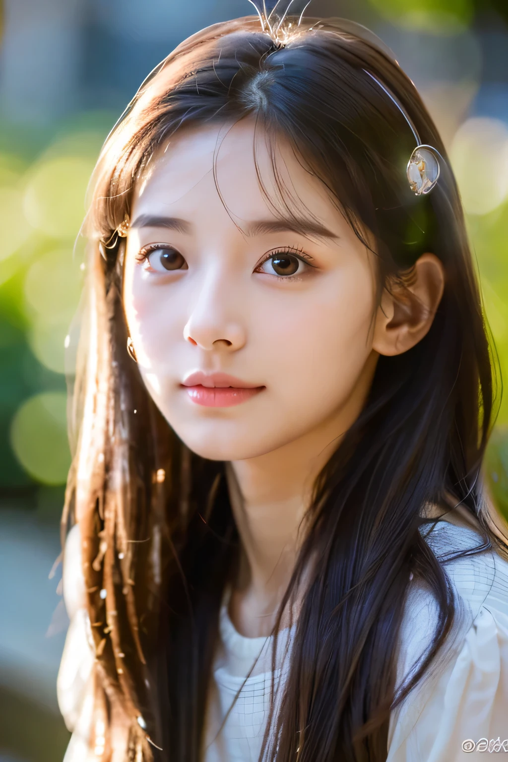 ８ｋ、High resolution、Beautiful Girl of the Wizard、young、white skin,、narrow eyes,high nose,lighting that illuminates the face、clear image、intellectual beauty、skinny、no makeup、The expression you show to your lover,shining hair、single eyelid,、vivid pose、looking at camera、relax on vacation