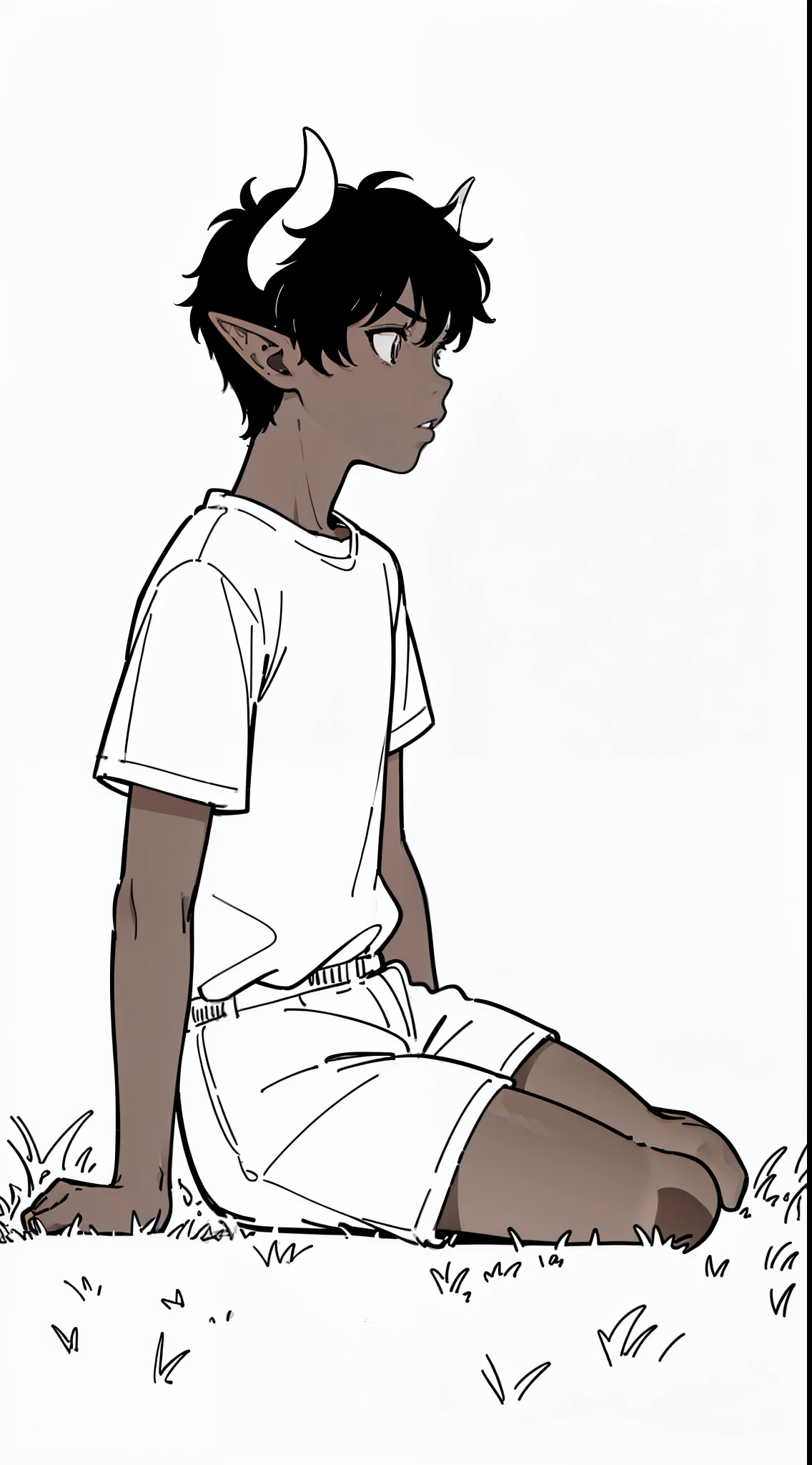 (1boy,8 years old,small),solo,((dark skin)),((white shirt,short sleeves,white shorts,black hair,elf ears,(horns),(white background,line drawing),sitting on grass,(profile),looking to up,separated lips,surprised