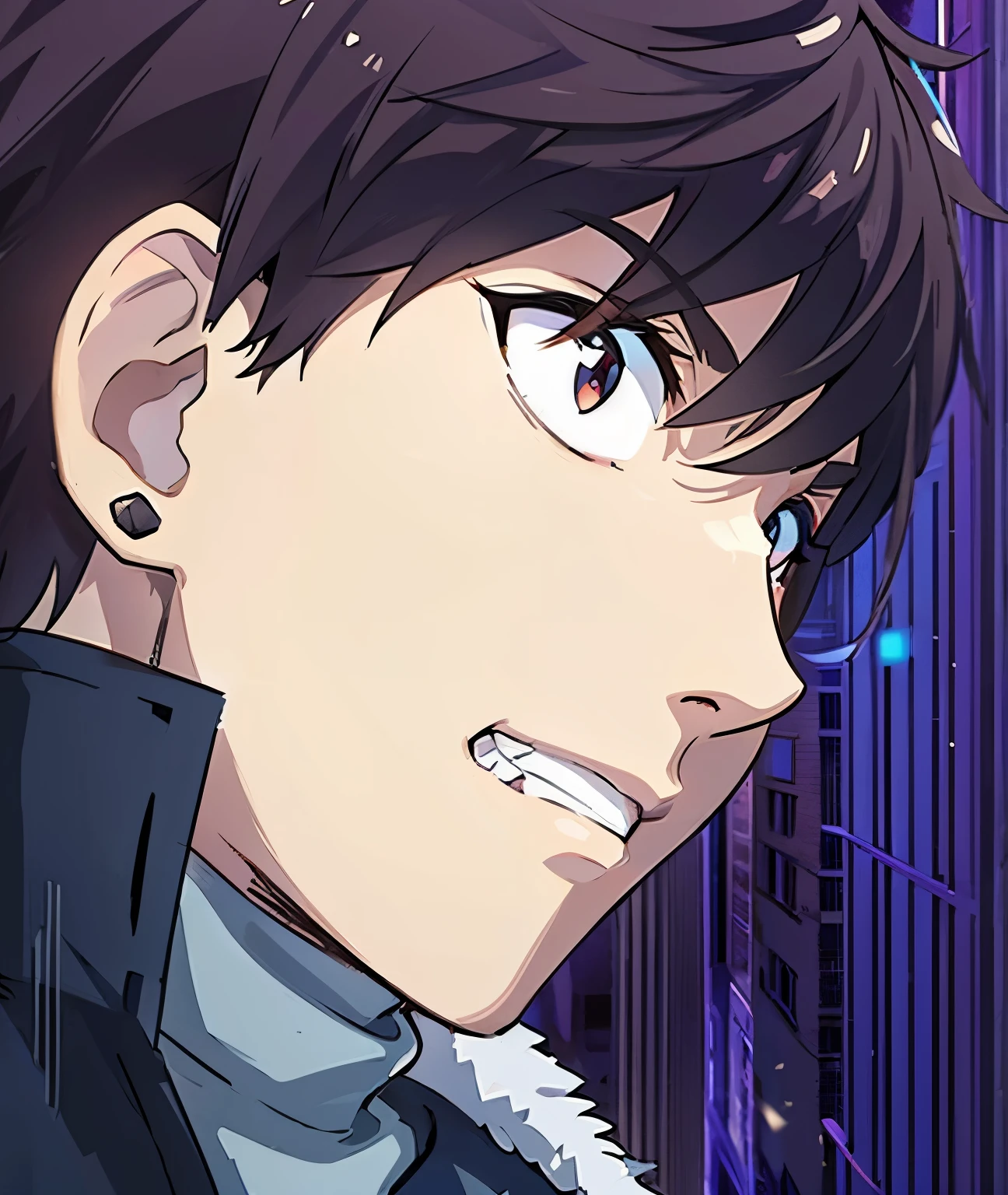 anime style, A guy squat at rooftop, outdoors, upper body, evil eyes, angry, brown eyes, devil, dark smoke, fire at city building, front view, focus on viewer, photo real, ultra detailed, masterpiece, ultra high quality, ultra high resolution, ultra realistic, ultra reflection, ultra lighting, detailed background, dramatic lighting, low key, dark tone, 8K