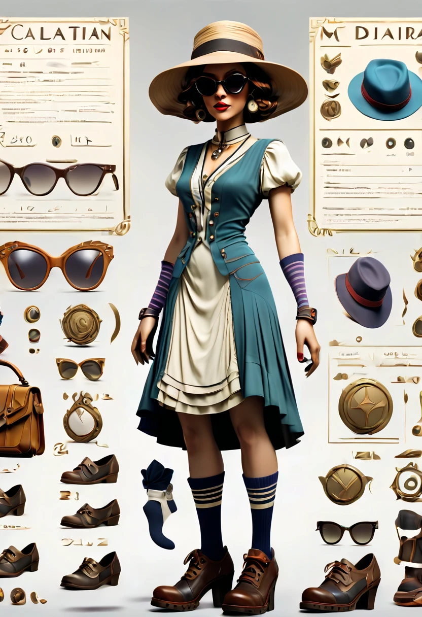 Framed Presentation of a magical slut (anorexic:1.2) woman character design sheet for a video game with detailed accessories, shoes, socks, bag, hat, sunglasses and dresses of different colors, buttons to customize the character to your liking(txt descrption:1.2), (best quality,4k,8k,highres,masterpiece:1.2),ultra-detailed,(realistic,photorealistic,photo-realistic:1.37)