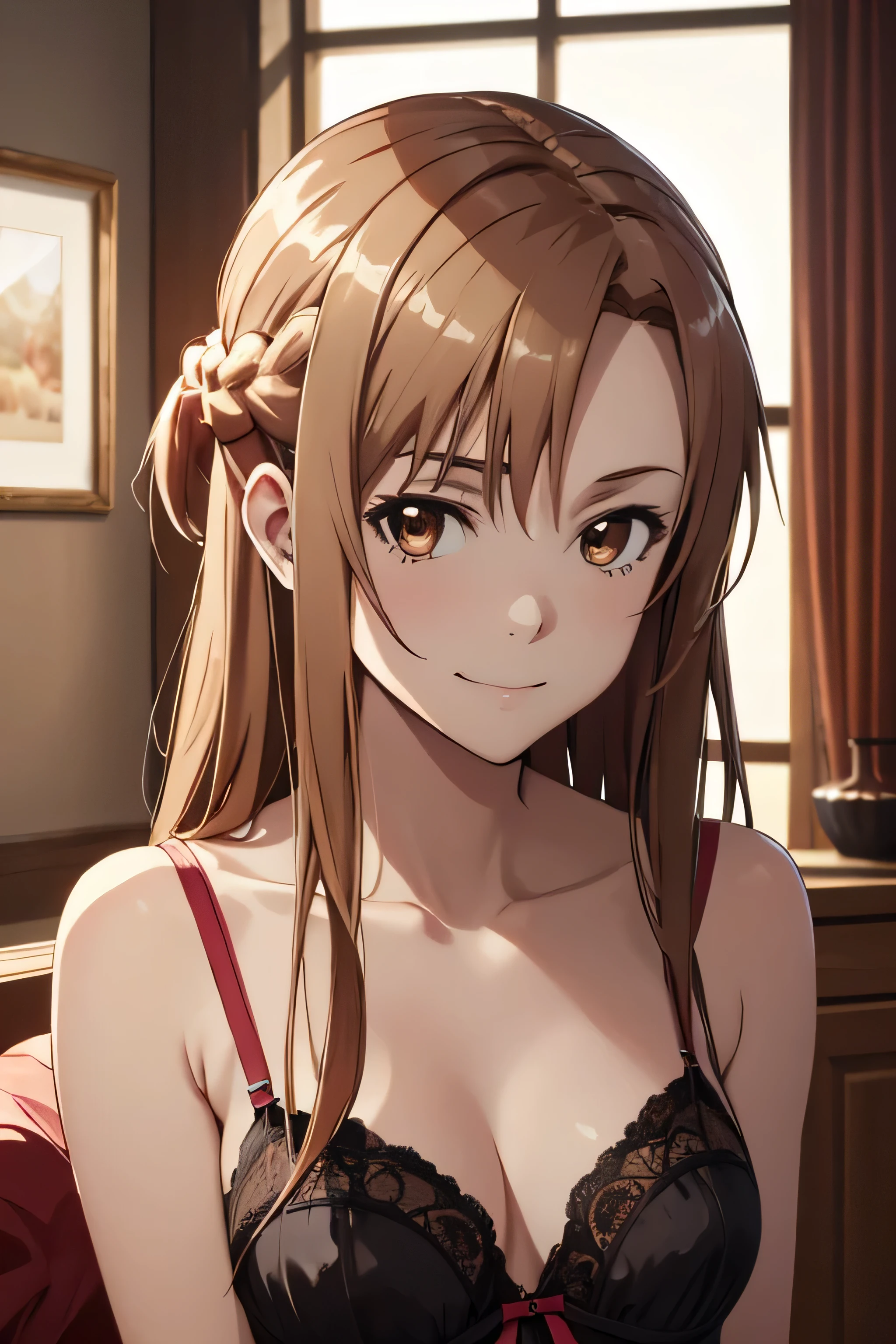 absurdos, high resolution, ultra-afiado, 8K, {obra de arte}, olhos expressivos, extremamente detalhado, melhor qualidade, rosto perfeito, 1 garota, Sozinho, Yuuki Asuna, Kizuki Ai, cabelo castanho, olhos castanhos, medium breasts, cabelo longo, Braid, Quarto, lingerie, sorriso leve, Standing,