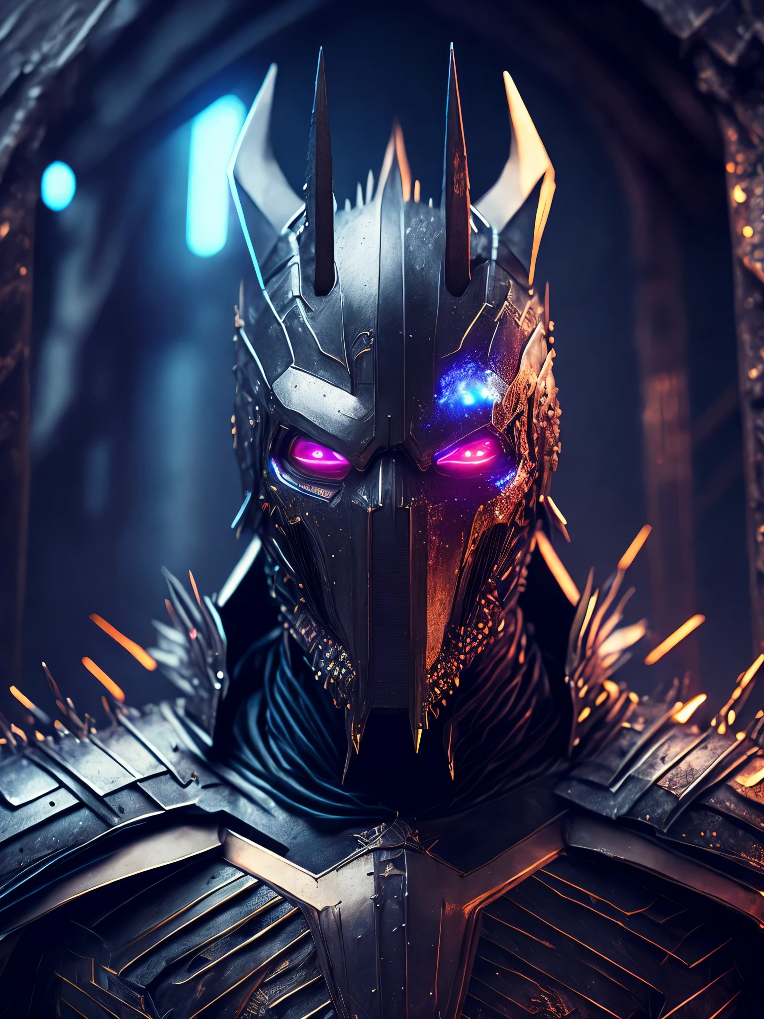 breathtaking cinematic science fiction photo of a portrait of a blackedout Dark knight, metal skin, body full of spikes and glowing metrics inside, glowing multicoloured eyes, multifaceted eyes, metallic arms, inside a destroyed building, extremely menacing creature, highly detailed, award-winning