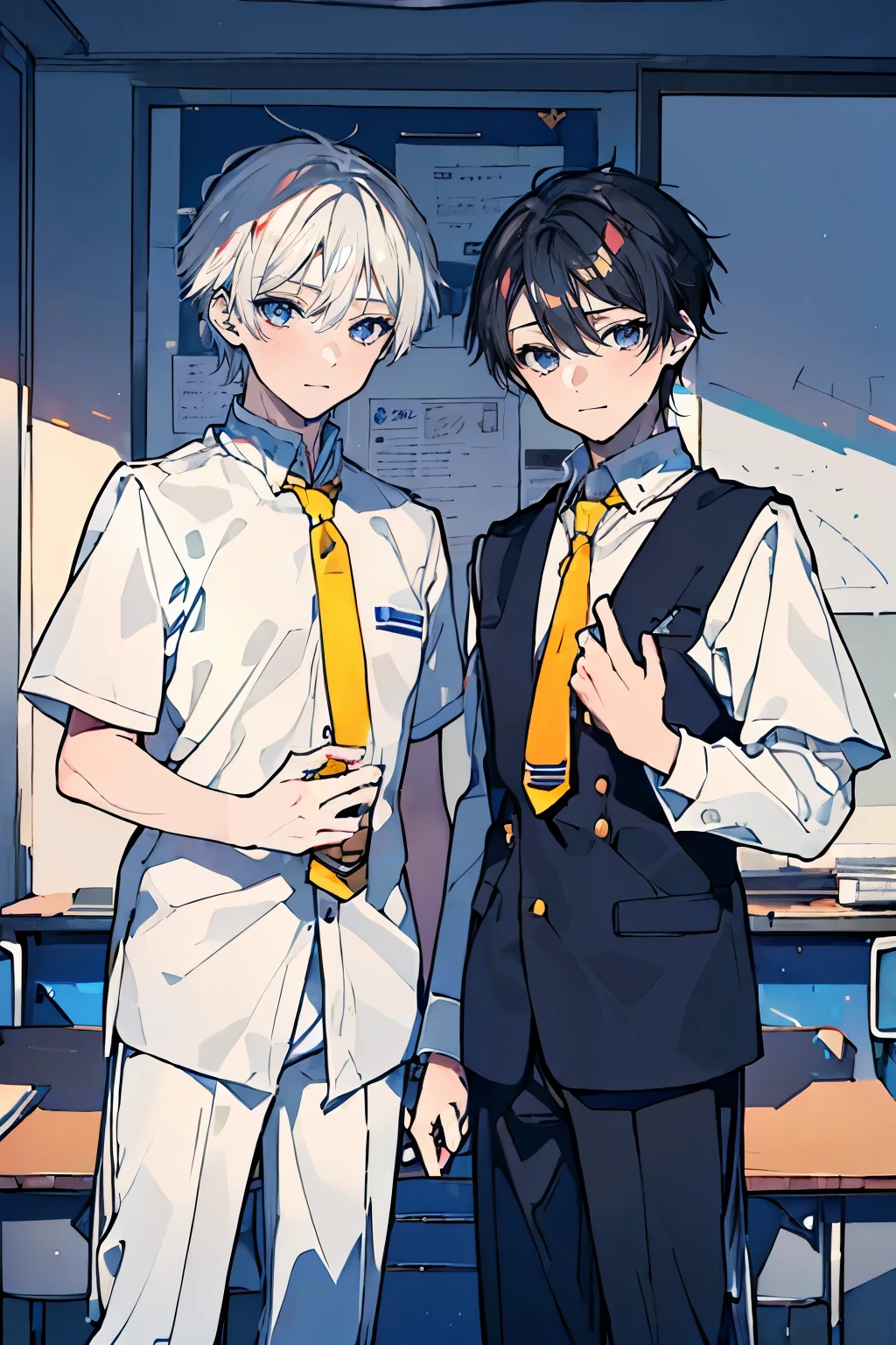 (muste piece), (best quality), very detailed, (((Two friendly high school boys:1.5))), perfect face, beautiful face, very detailed face,(black haired man:1.3),(white haired man:1.chool,classroom,student uniform,tie,shirt