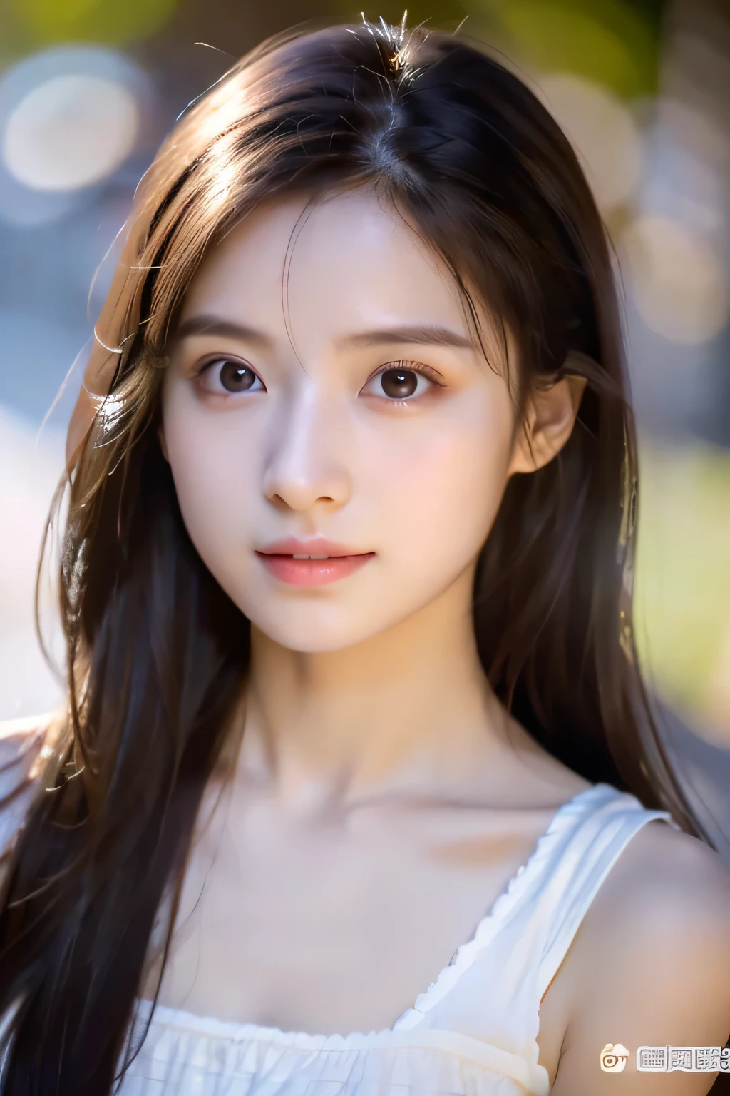 ８ｋ、High resolution、Beautiful Girl of the Wizard、young、white skin,、narrow eyes,high nose,lighting that illuminates the face、clear image、intellectual beauty、skinny、no makeup、The expression you show to your lover,shining hair、single eyelid,、vivid pose、looking at camera、relax on vacation