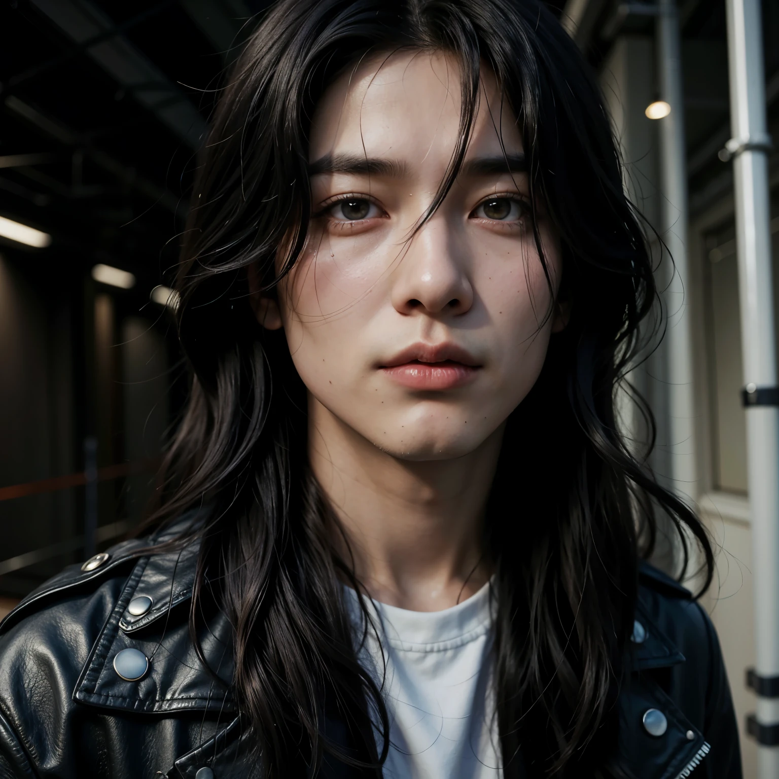 asian man with long black hair wearing a leather jacket, south korean male, Jeon Jungkook, Jungkook from BTS, Jungkook, male ulzzang, with his long black hair, young with long hair, shoulder-length black hair, with long dark hair, with long hair, inspired by Jeon Jungkook, slicked black hair, Jungkook with siren eyes serious face bigger eyes