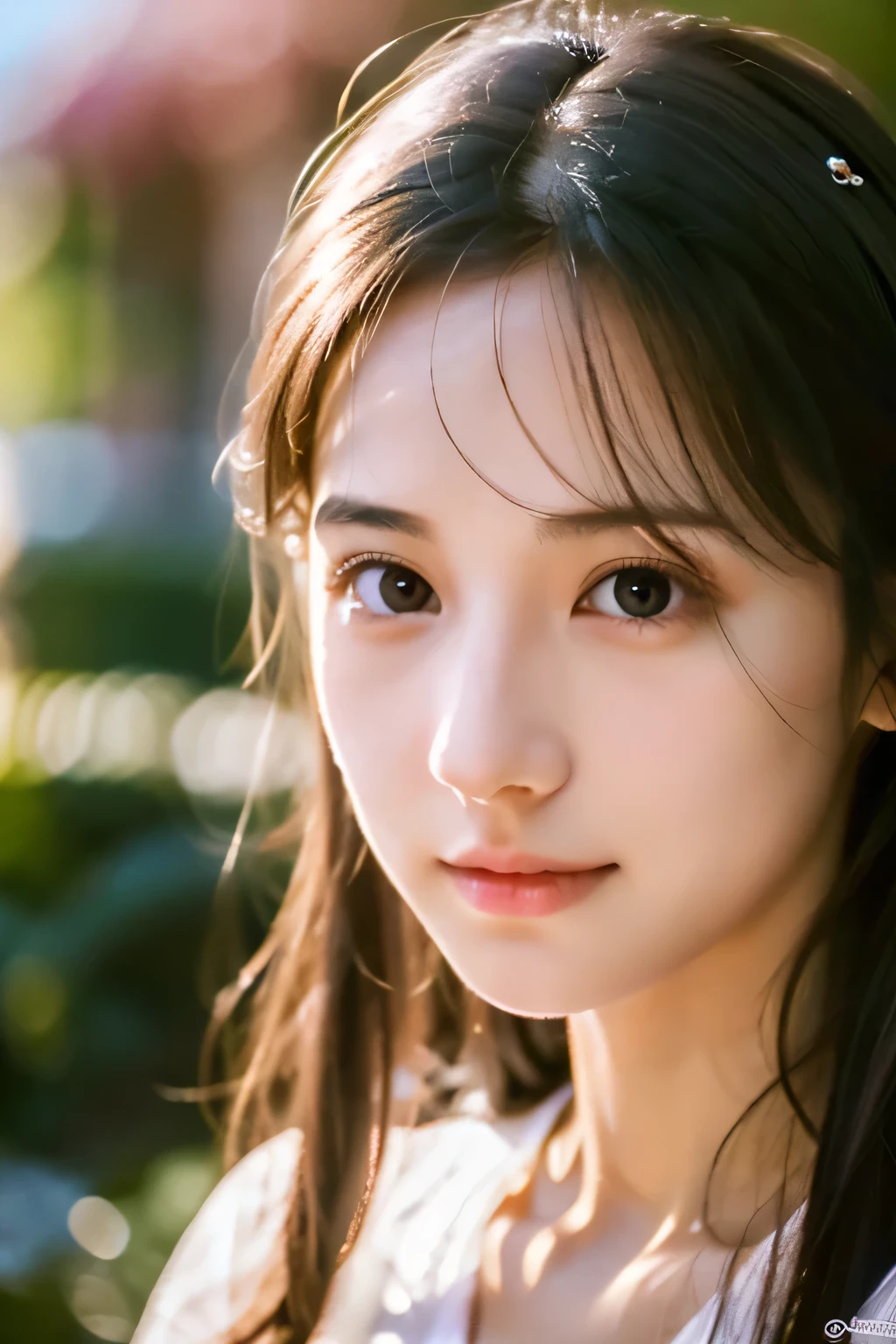 ８ｋ、High resolution、Beautiful Girl of the Wizard、young、white skin,、narrow eyes,high nose,lighting that illuminates the face、clear image、intellectual beauty、skinny、no makeup、The expression you show to your lover,shining hair、single eyelid,、vivid pose、looking at camera、relax on vacation