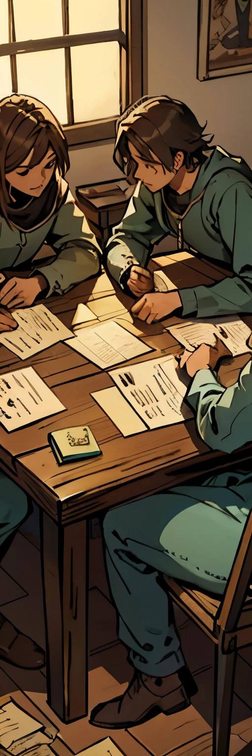 illustration, grupo de 3 amigos em torno da mesa, dois homens e uma mulher, mesa redonda, papers and dice on the table, table-focused lighting