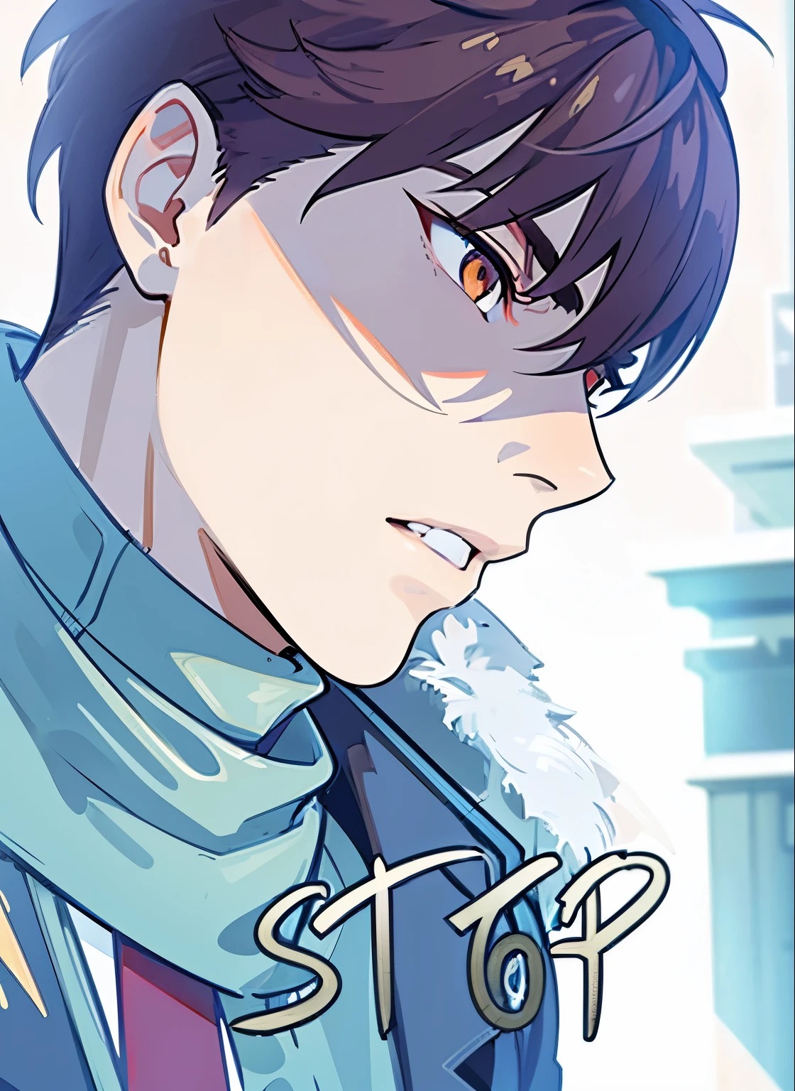 anime style, A guy squat at rooftop, outdoors, upper body, evil eyes, angry, brown eyes, devil, dark smoke, front view, focus on viewer, photo real, ultra detailed, masterpiece, ultra high quality, ultra high resolution, ultra realistic, ultra reflection, ultra lighting, detailed background, dramatic lighting, low key, dark tone, 8K