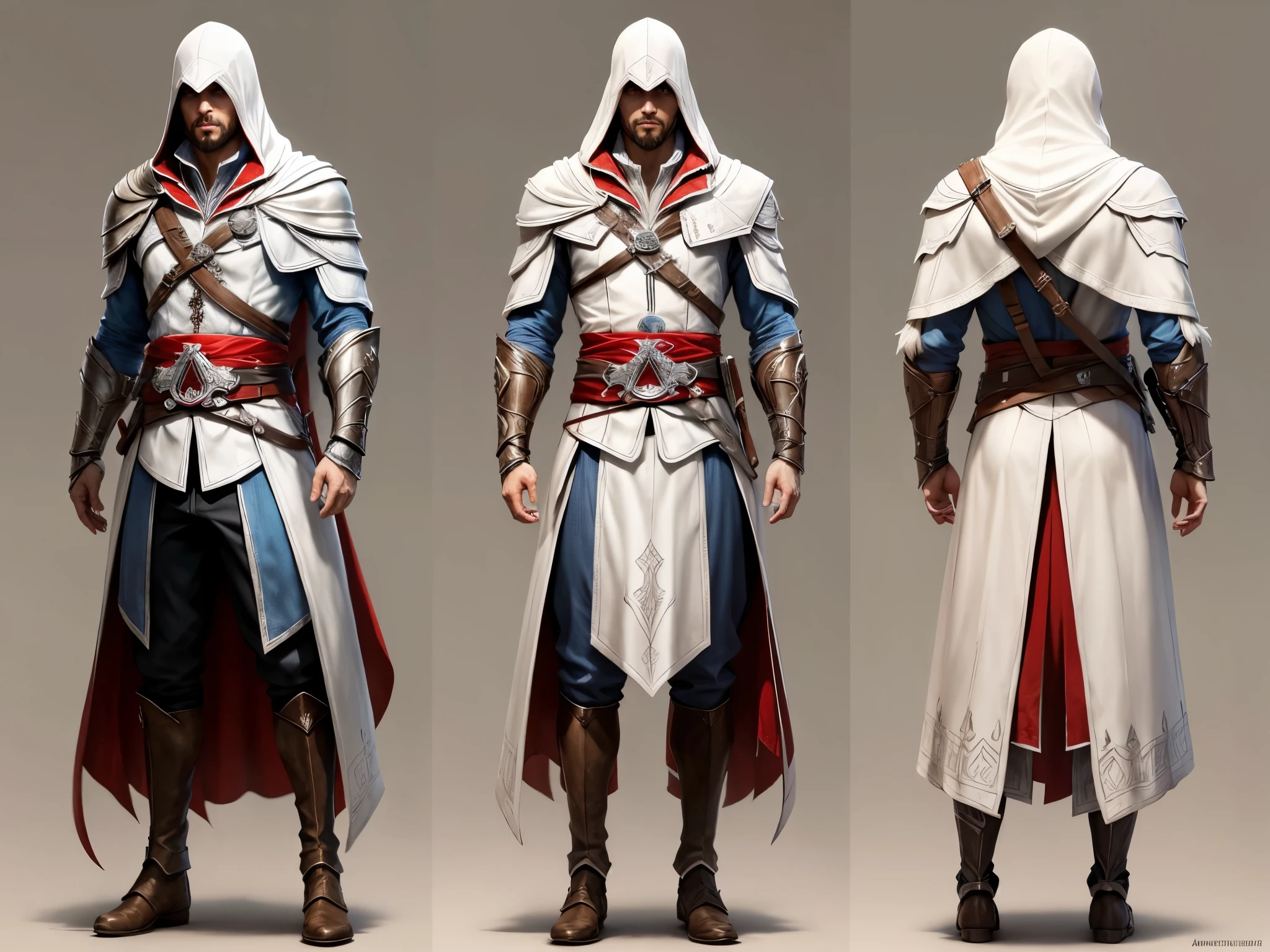 character design sheet, Ezio Auditore, Assassins Creed, ezio_soul3142, armor, hood, facial hair, beard, vambraces, full body, anatomically correct, masterpiece,(best quality,highres,ultra-detailed),realistic, Character design sheet, good face, realistic face