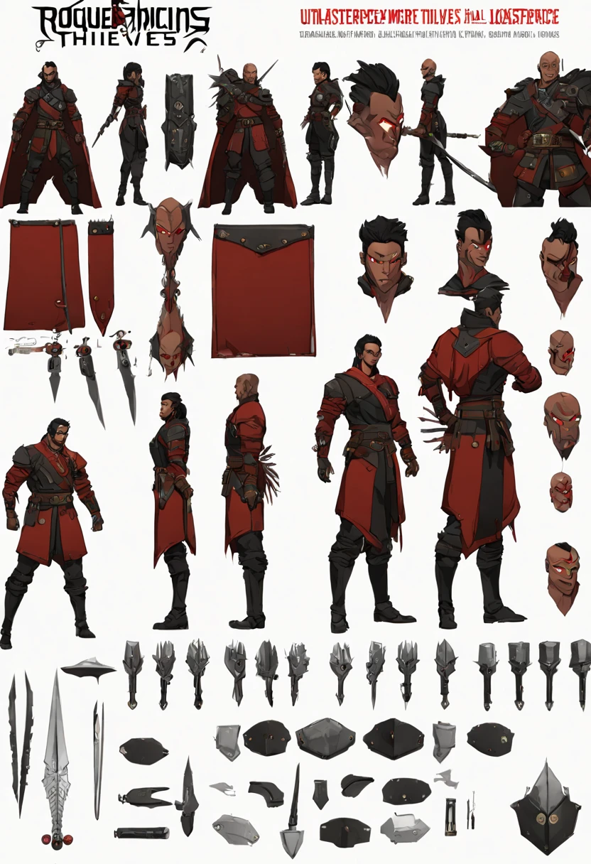 character reference sheet {The Rogue of the Crimson Thieves: (masterpiece, 8K, UHD, intricate, digital art:1.3), dynamic rogue character design sheet, (striking red eyes:1.2), (ebony black hair:1.1), chiseled jawline, athletic build, leather armor with crimson cloak, (intricate silver embroidery:1.2), dual daggers with ornate handles, assortment of lockpicks, smirking expression, front and side views, action pose with daggers drawn, close-up of utility belt and accessories, cool and dark color palette, transparent background, annotations for character backstory and skills.} . turnaround views, detailed anatomy, color palette, multiple poses, highly detailed, multiple views of the same character, model sheet, character sheet