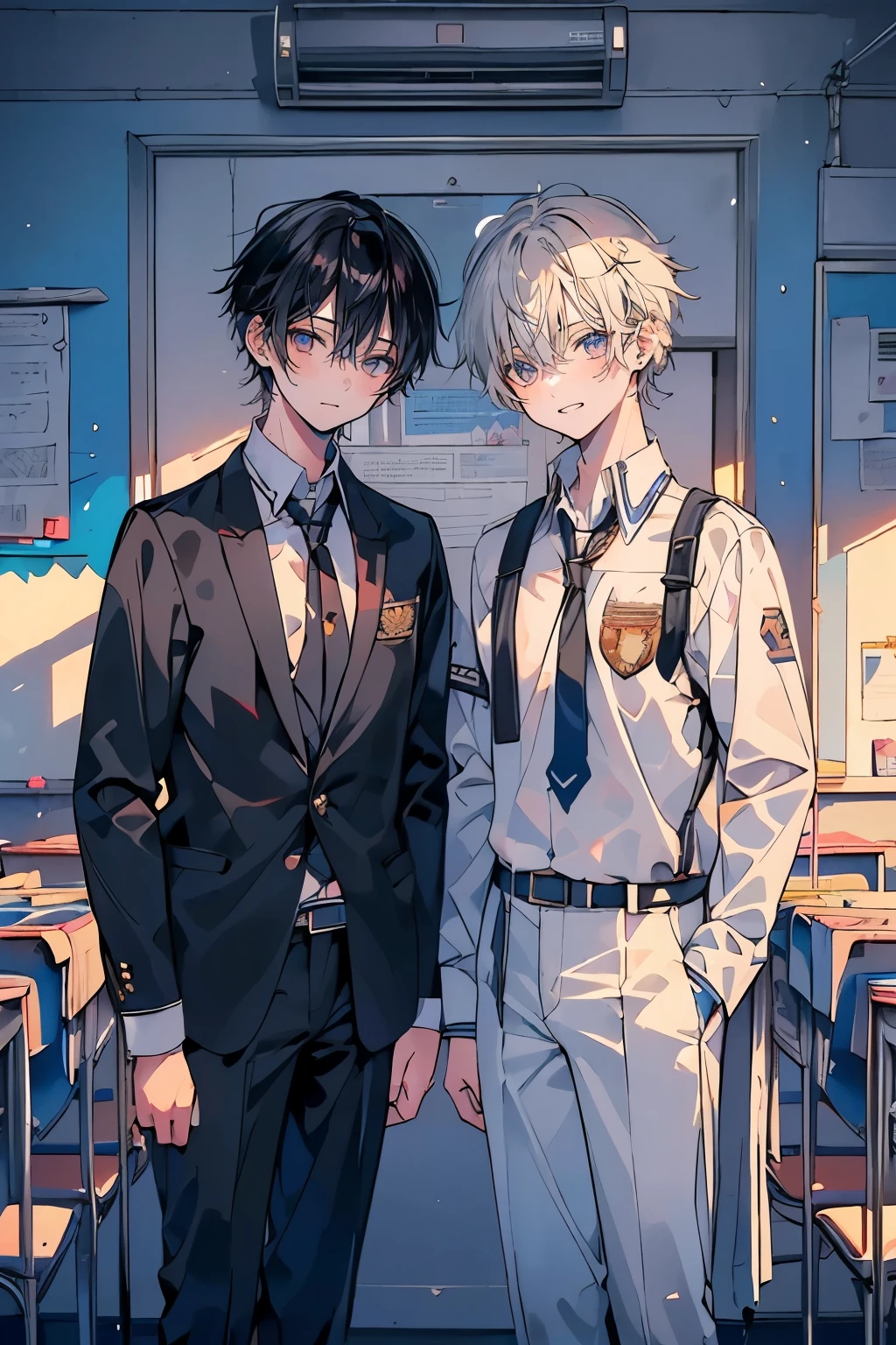 (muste piece), (best quality), very detailed, (((Two friendly high school boys:1.5))), perfect face, beautiful face, very detailed face,(black haired man:1.3),(white haired man:1.3),School,classroom,student uniform,tie,shirt