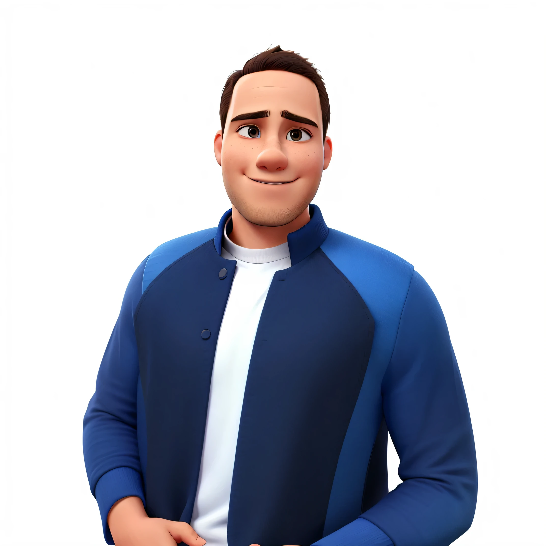 um jovem vestindo um colete azul e preto e uma camisa branca, com pouco cabelo na testa