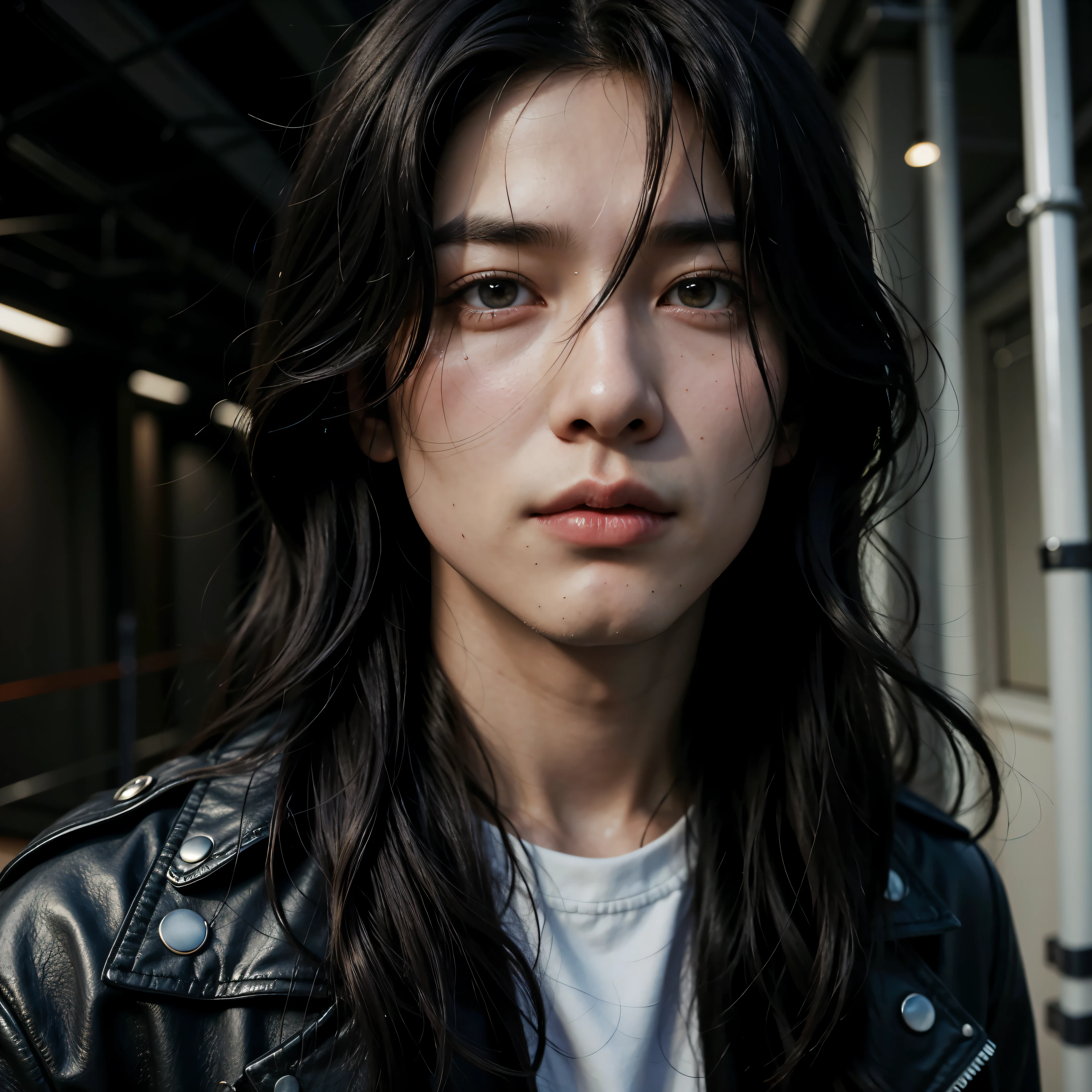 asian man with long black hair wearing a leather jacket, south korean male, Jeon Jungkook, Jungkook from BTS, Jungkook, male ulzzang, with his long black hair, young with long hair, shoulder-length black hair, with long dark hair, with long hair, inspired by Jeon Jungkook, slicked black hair, Jungkook with siren eyes serious face bigger eyes