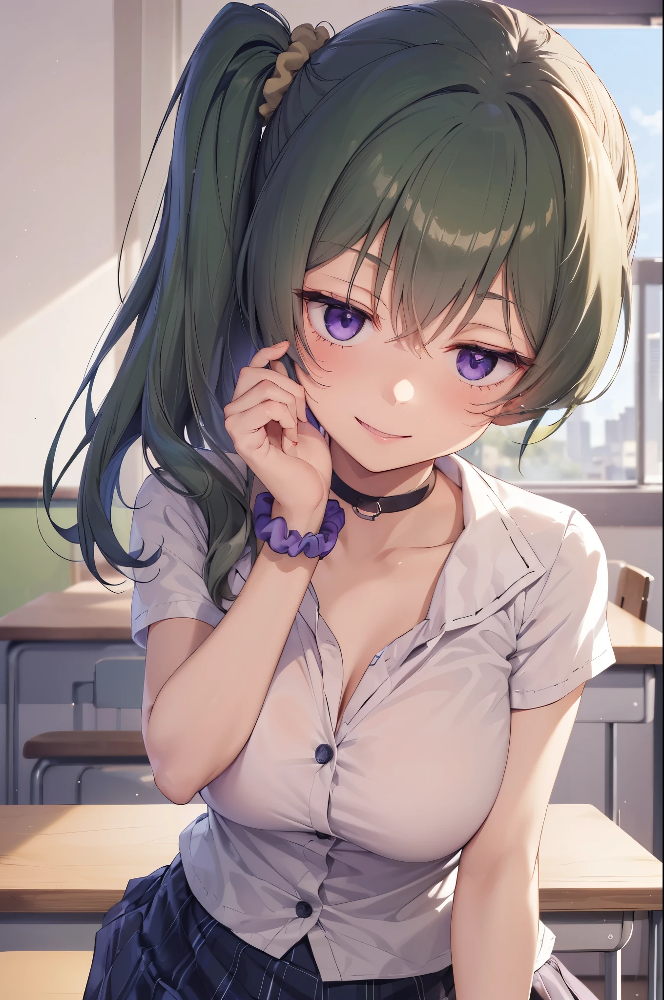master piece, best quality, 8k, ultra high resolution, highest quality, anime style, best writing, beautiful face, 傑作
Face up, look at viewer, smile, blush, Yubel, long hair, Side ponytail
(White buttoned shirt:1.1), blake shirt, (beige blazer:1.3), (long sleeve:1.1), (pleated skirt:1.1), red and black plaid skirt, (scrunchie on the arm:1.3)
classroom, School, put your hand on your mouth