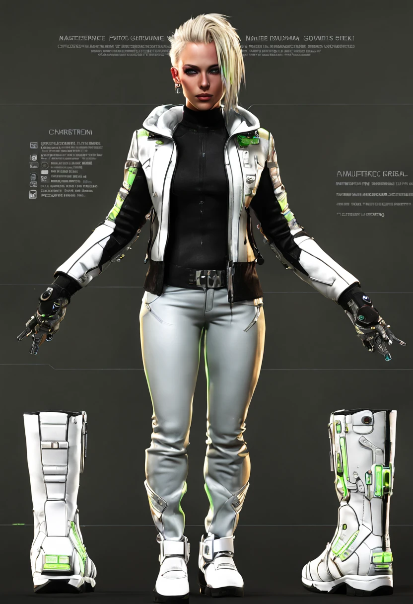 character reference sheet {The Enigmatic Cyberpunk Hacker: (masterpiece, photo-realistic, best quality, CG:1.3), cyberpunk hacker character design sheet, neon green eyes with digital scanning overlay, (platinum blonde undercut:1.1), tattooed neck with circuit patterns, futuristic black leather jacket with glowing trim, holographic wrist gadgets, multiple piercing, side profile with a hood up, full body shot in a hacking stance, close-ups of tech-enhanced gloves and boots, vibrant neon highlights, annotations detailing cybernetic enhancements and hacker abilities, on a grid-lined virtual background.} . turnaround views, detailed anatomy, color palette, multiple poses, highly detailed, multiple views of the same character, model sheet, character sheet