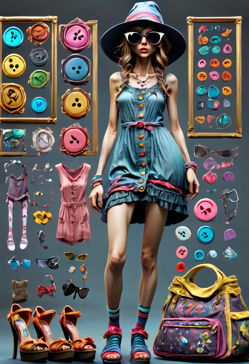 Framed Presentation of a magical slut (anorexic:1.2) woman character design sheet for a video game with detailed accessories, shoes, socks, bag, hat, sunglasses and dresses of different colors, buttons to customize the character to your liking(txt descrption:1.2), (best quality,4k,8k,highres,masterpiece:1.2),ultra-detailed,(realistic,photorealistic,photo-realistic:1.37)