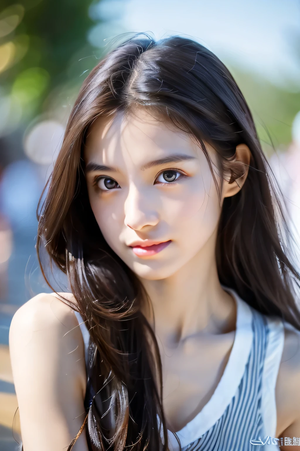 8k、High resolution、Beautiful Girl of the Wizard、young、white skin,、narrow eyes,high nose,lighting that illuminates the face、clear image、intellectual beauty、skinny、no makeup、The expression you show to your lover,shining hair、single eyelid,、vivid pose、looking at camera、relax on vacation