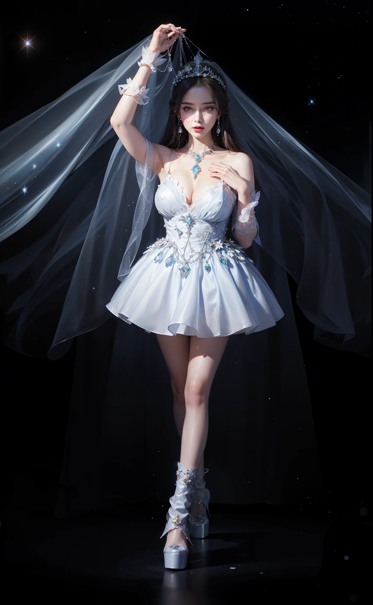 Royal sister,exquisite eyes,ice queen,put the crown on your head,Detailed facial expressions body,tall figure,Gorgeous,Leg length,4k,HD,Sensual,translucent lace,白皙plump figure,pretty face,Little cherry mouth,beautiful and delicious(3D royal sister),plump figure,gloss gel coat,Queen in luxurious dress,Crystal Gem Crown,Angel of light in armor,Wear white high-heeled boots,starry sky