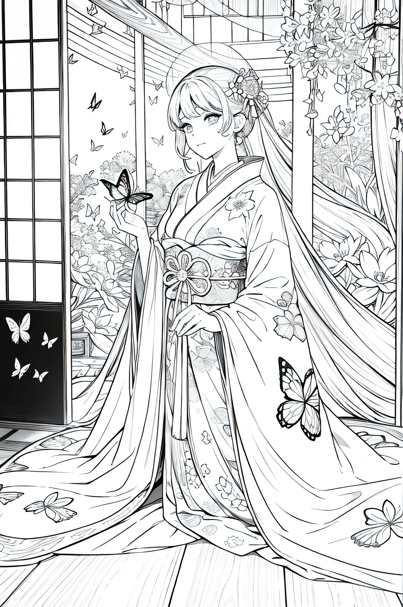 A woman dressed in a magnificent and beautiful uchikake with butterflies and flowers., NSFW, sexy,(((pecho grande))) la mano se relaja en la sala de tatami. Tiene un rostro hermoso.. She is dressed in a luxurious kimono. . A magnificent folding screen. A lantern is lit in the dimly lit tatami room at night... El dibujo detallado sexy. alta calidad de imagen.