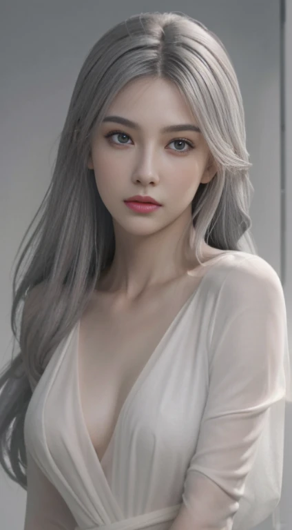 1girl, ((Upper body, narrow waist, waist, girl, gray hair, long hair, black eye)), (Front view, From before), looking at the viewer, highest quality, masterpiece, ultra high resolution, (realistic:1.4), 8k, clean, (incredibly absurd, super detailed,CG ,unity ,8k wallpaper), (detailed face :1.4),(detailed and beautiful eyes :1.2),(fine hair), light shines on your face, cinematic lighting, perfect face, lips, adult, alone, See-through dress, See through, (( white skin, real skin, middle_chest))pink pussy,Hard, small, pink nipples、完璧な形のきれいなchest、perfect shaped beautiful butt