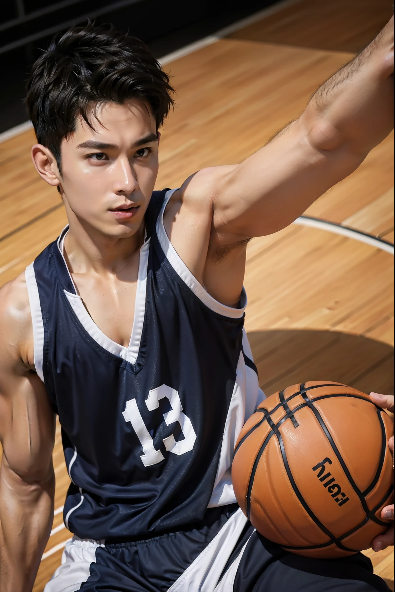 Boy playing basketball on basketball court，sweat leggs，Photos during exercise，Basketball costumeasculine，Exquisite facial features，virile，musculature，rich facial detail（（The crotch is raised））closeup cleavage