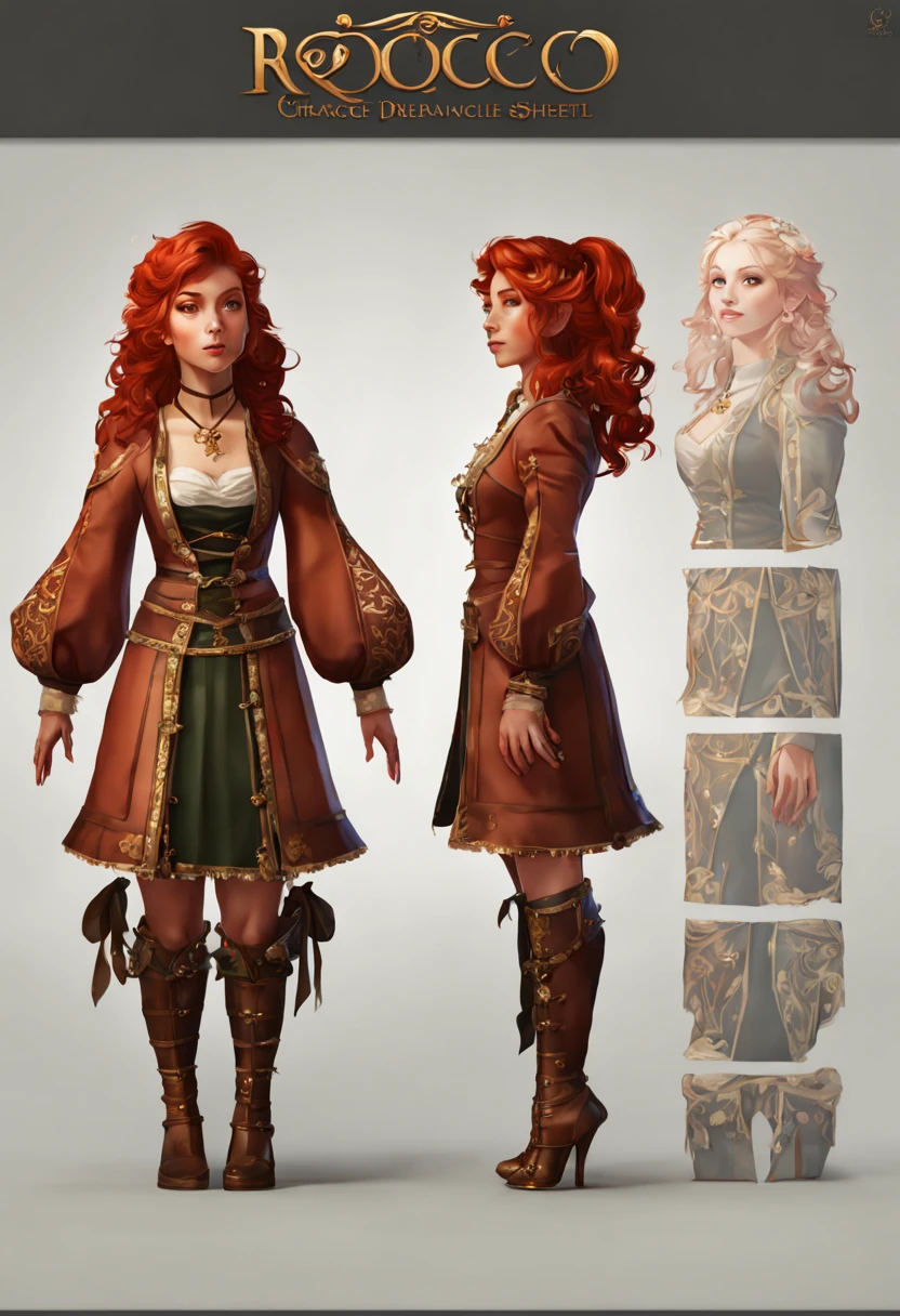 character reference sheet {Digital painting, highly detailed full body turnaround character design sheet of a cute fantasy girl with red hair in medieval dress with lots of accessories and intricate patterns with dynamic exaggerated poses showing different angles and facial expressions. Digital art by Artgerm and Rossdraws and Greg Rutkowski and Alphonse Mucha ({Medieval}, {Renaissance}, {Baroque}, {Rococo}, {Victorian}, {Vibrant}, {Saturated}, {Warm Lighting}, {Dramatic}, {Elegant}, {Ornate}, {Regal}). Trending on artstation. 8k resolution, Unreal Engine. Volumetric Lighting, cinematic, sharp focus, dynamic range} . turnaround views, detailed anatomy, color palette, multiple poses, highly detailed, multiple views of the same character, model sheet, character sheet