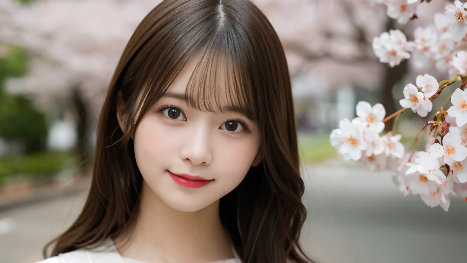 table top, highest quality, figure, super detailed, finely, High resolution, 8k wallpaper, 完璧なダイナミックな構figure, detailed and beautiful eyes, wearing a white dress,Hands are not shown、medium hair,natural color lip, ,smile,Harajuku、20 year old girl、cute、looking at the camera、C cup、brown hair、Blurred cherry blossom background