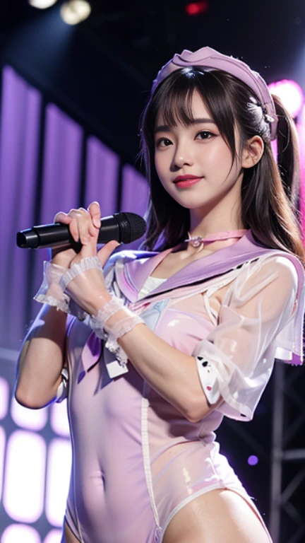 (RAW photo、highest quality)、(realistic、Photoreal:1.3)、highest quality、masterpiece、very delicate and beautiful、A hvery detailed、nffsw、sense of oneness、2k wallpaper、growing up、Beautiful in every detail、masterpiece、light smile、highest quality、Hvery detailed ticker Unity 8K wallpapers、huge file size、Super detailed、High resolution、very detailed、((Euphoric look))、((orgasm:1.2))、((smile:1.15))、((sweating:1.4))、((translucent:1.55、Characterized by a collar that sticks to your skin and a beautiful silhouette.、Pale pink-purple sailor suit-style see-through bodysuit....:1.6))、blue and purple、ribbon、sailor hat、double ruffle garter、super cute girl、10th generation、Part of an idol group、(((at the concert「ザ☆ピ〜s!」dancing)))、(spread your legs wide), (Pull your hips back), (Arch the upper body), and place your left hand on your hip.、Right hand salutes with two fingers、Hair is moving、Spotlight、professional lighting、cinematic light、Three dimensions、viewer'perspective、