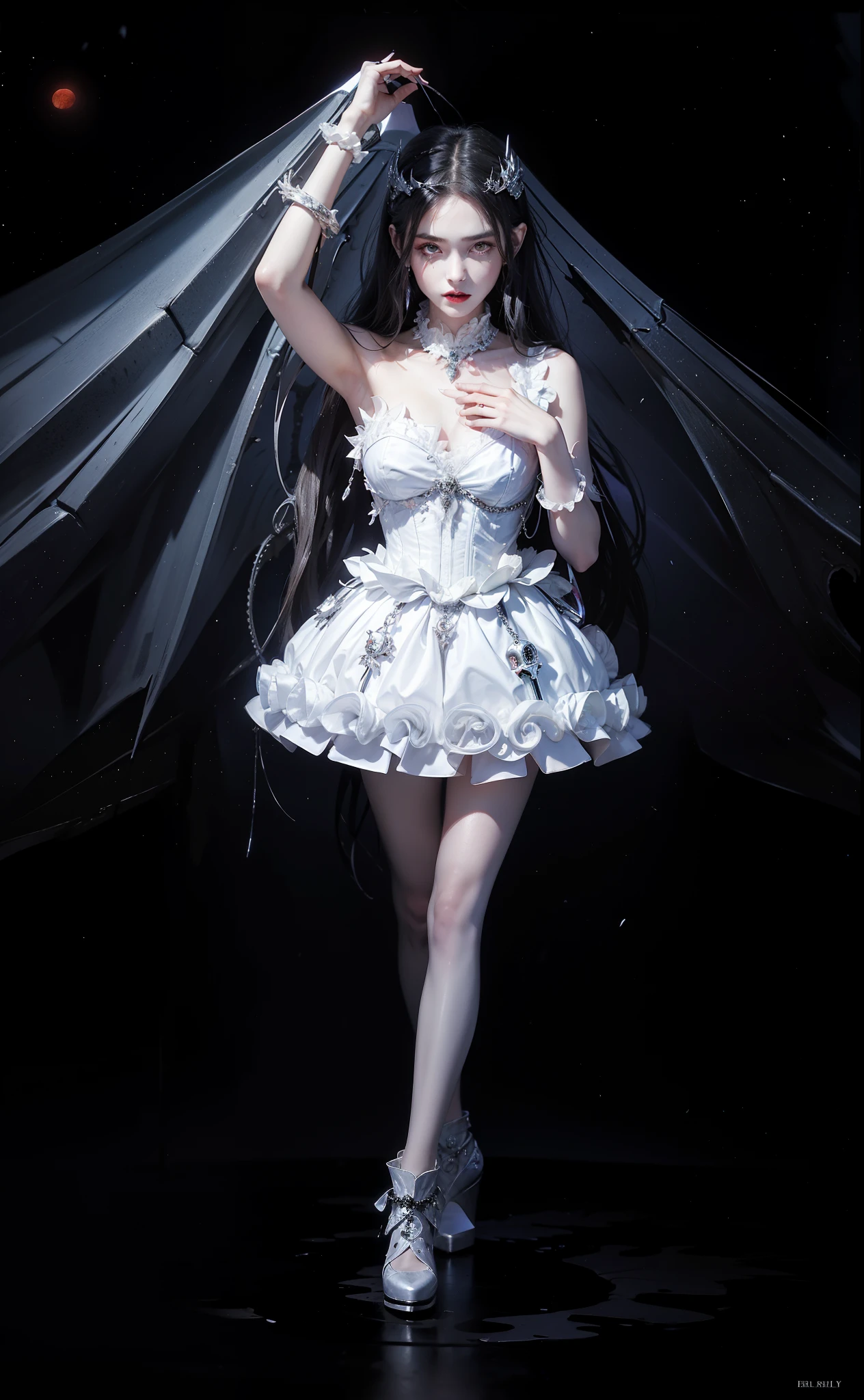 Cold Queen，Picture of a box full of swords, wing, succubus theme，fallen angel，Excellent，scary，secret horror，tentacle，have eyes，uncanny valley effect，little beast blood moon，skull skeleton，vampire，Hellfire，Demon Queen，Gorgeous crystal dress，white high heel boots