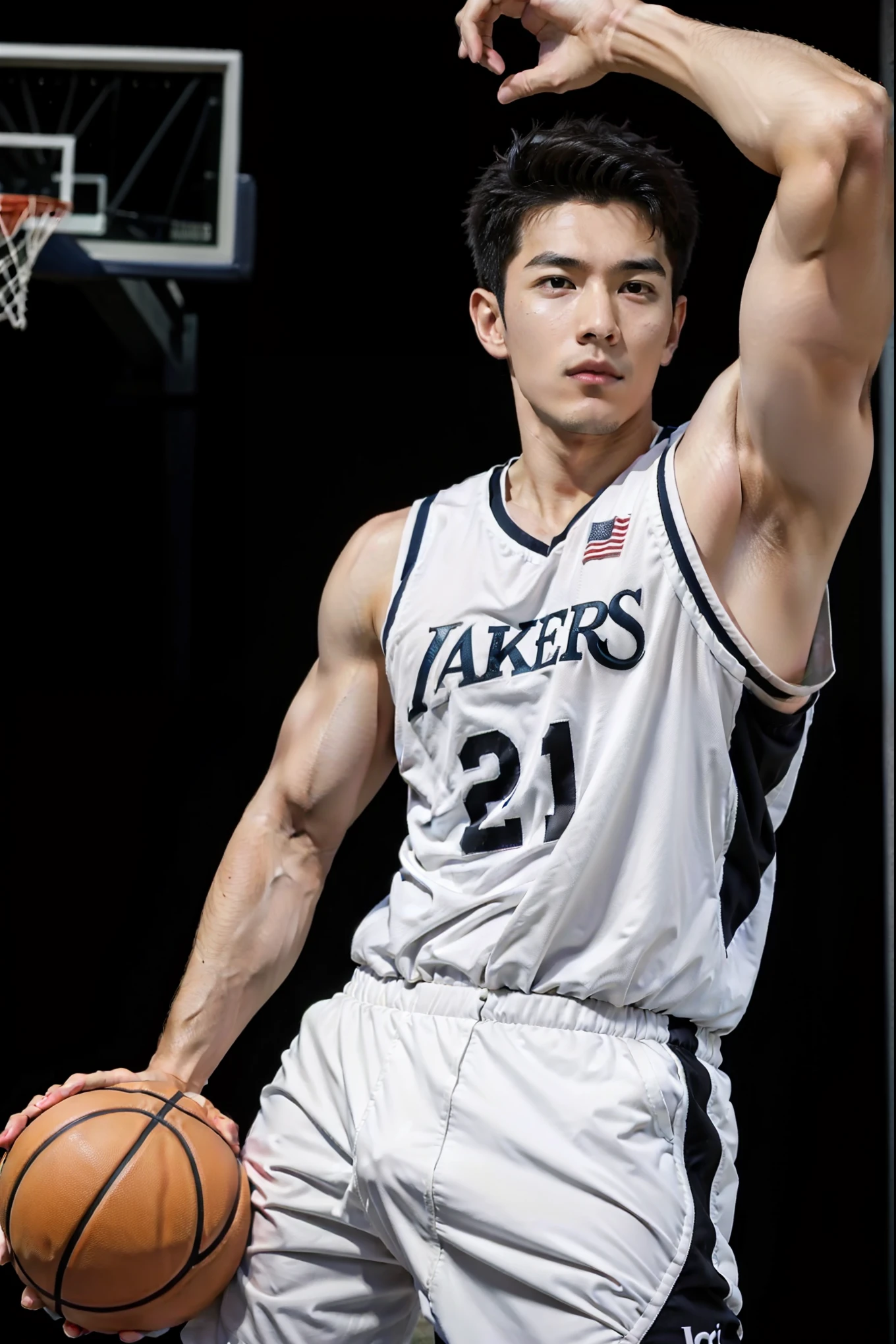 Boy playing basketball on basketball court，sweat leggs，Photos during exercise，Basketball costumeasculine，Exquisite facial features，virile，musculature，rich facial detail（（The crotch is raised））closeup cleavage