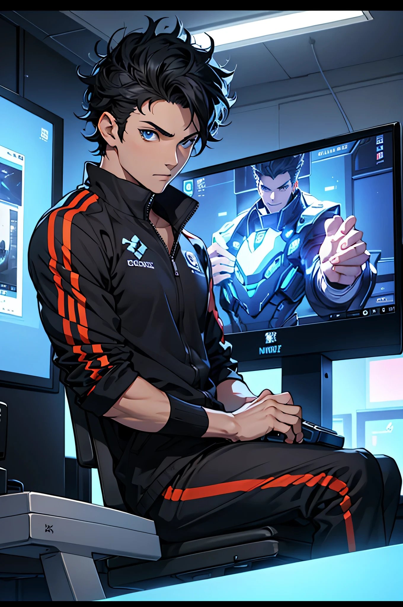 (melhor qualidade: 1.0, super high resolution: 1.0), menino anime, cabelo preto curto e cacheado, olhos azuis, sentado na frente do computador, jogando, Fundo da sala de esportes.

Anime character with the best quality and super high resolution, ostentando cabelo preto curto e encaracolado e olhos azuis radiantes. He's sitting in front of a computer, immersed in an intense gaming session. The background reveals the lively atmosphere of an esports room.