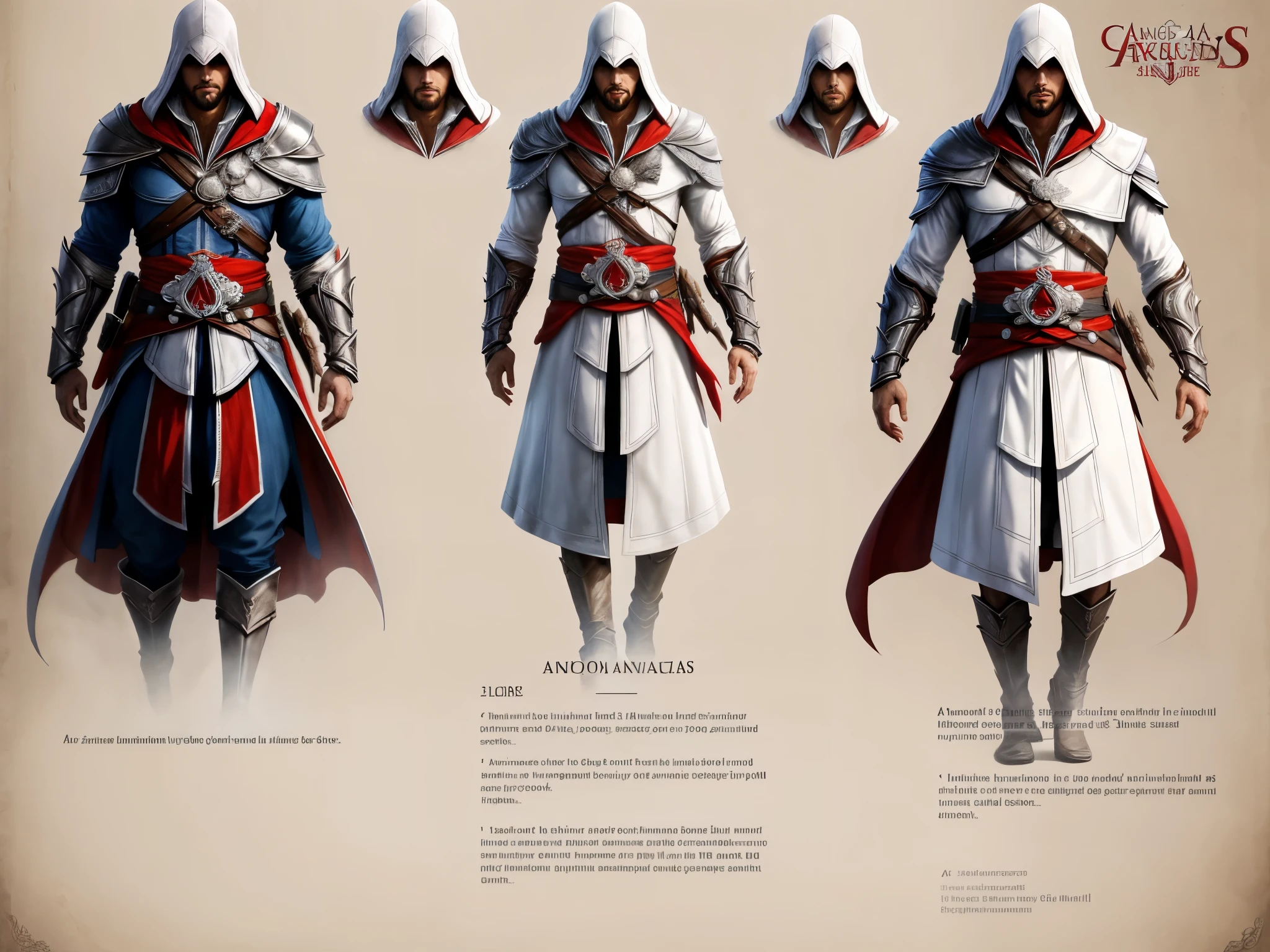 character design sheet, Ezio Auditore, Assassins Creed, ezio_soul3142, armor, hood, facial hair, beard, vambraces, full body, anatomically correct, masterpiece,(best quality,highres,ultra-detailed),realistic, Character design sheet, good face, realistic face