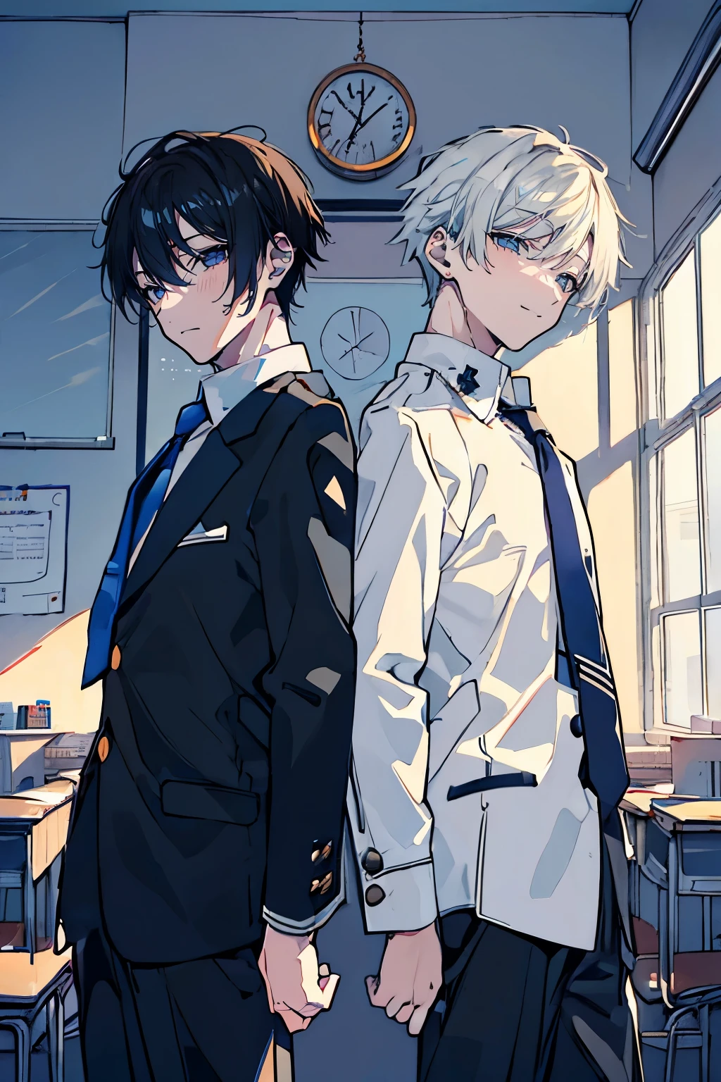 (muste piece), (best quality), very detailed, (((Two friendly high school boys:1.5))), perfect face, beautiful face, very detailed face，(black haired man:1.3)，(white haired man:1.3)，School，classroom，student uniform，tie，shirt