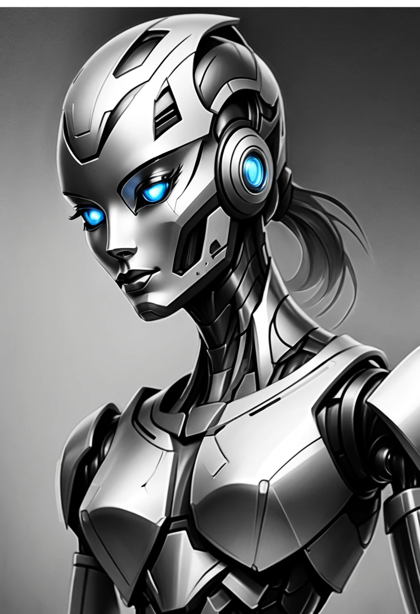 ,(character sketch:1.1),(charcoal drawing:1.2),Sketch,(pencil drawing:1.3),Charcoal painting style,Black and white,character sketch, high resolution, 1womanl, Solo, (Detailed face), kda,bioluminic, Black and white galactic cybernetic mask, (abstracted, Make a sketch of a robot with high technology:1.5), Part description, SH4G0D,