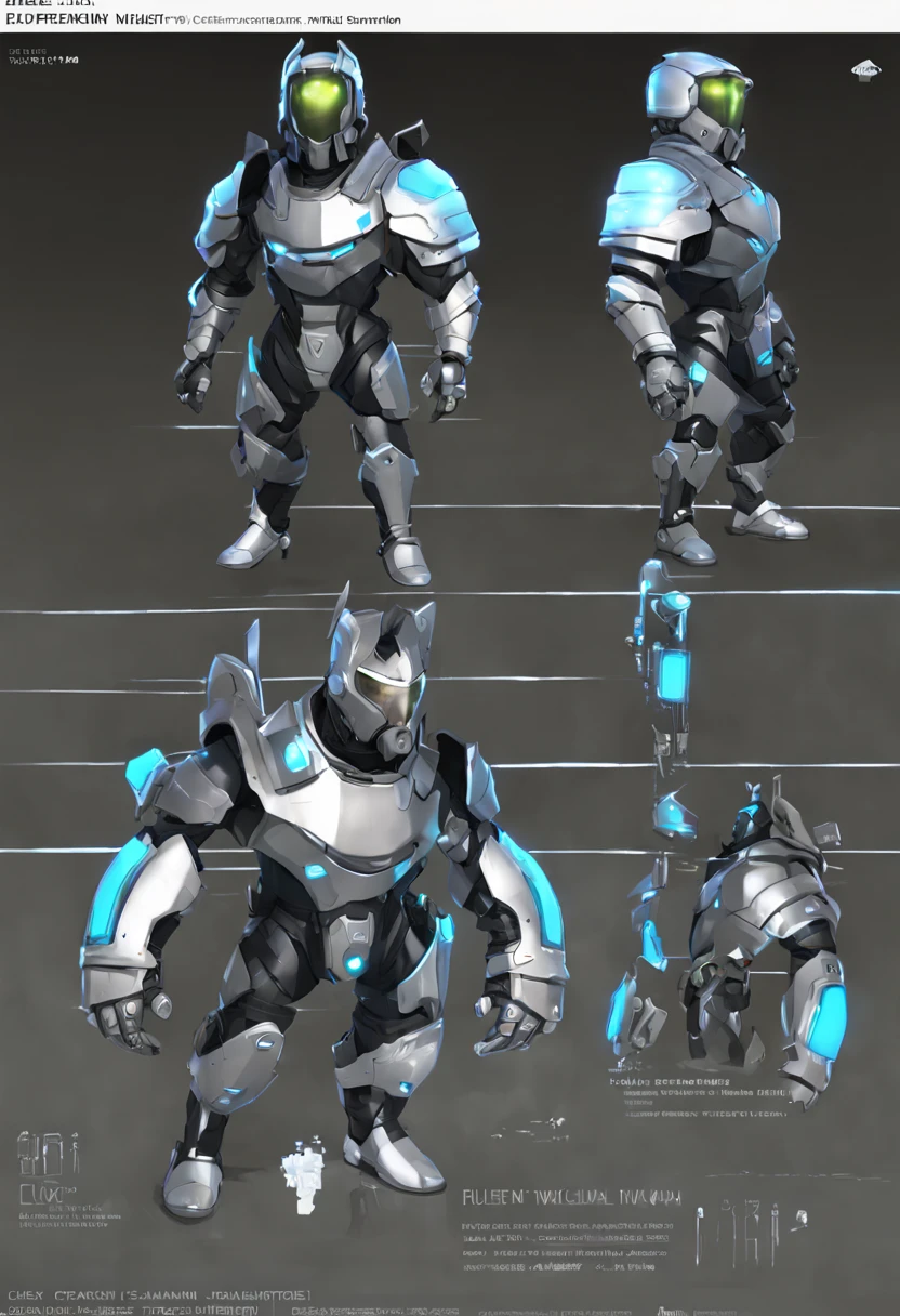 character reference sheet {Character Design Sheet of a futuristic knight, clad in sleek power armor with LED accents, Digital Illustration, Art Styles influenced by Cyberpunk and Anime, Inspired by Art Station and Deviantart works, Camera with a wide angle lens, Full body shot, Render Related Information includes high resolution, detailed with a focus on material textures and lighting, environment is a neon-lit urban cityscape at night} . turnaround views, detailed anatomy, color palette, multiple poses, highly detailed, multiple views of the same character, model sheet, character sheet
