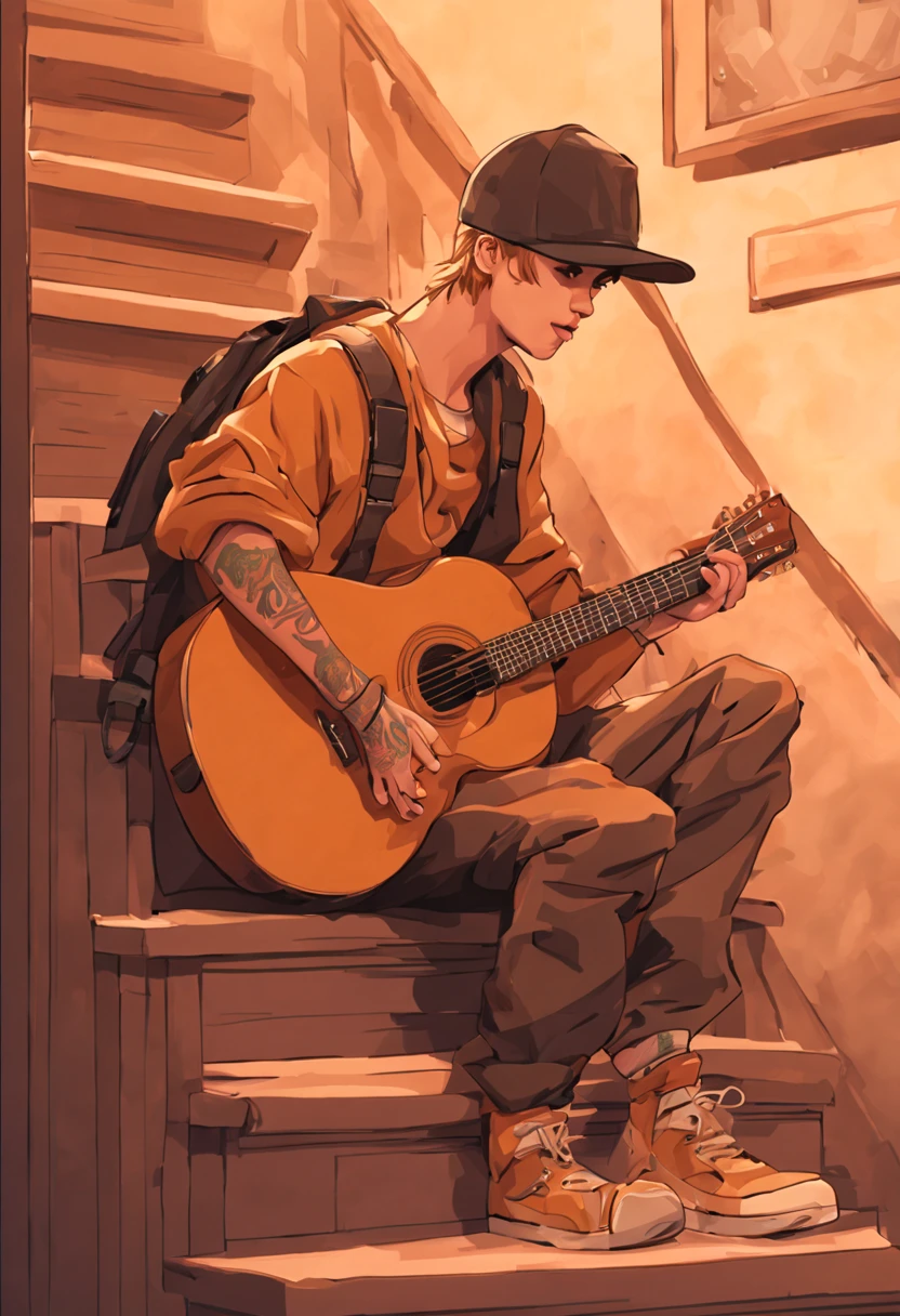 justin bieber is sitting on a staircase playing the guitar and singing. ao lado dele estou eu, parda, olhos castanhos, mullet castanho, segurando um bolo com velinhas nele